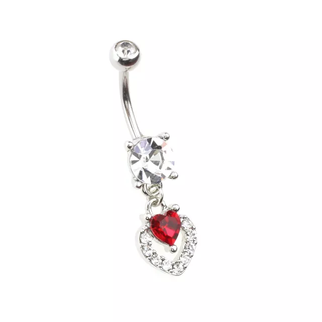 Clear and Red CZ Round Heart Silver-Tone Dangle Belly Ring - 14 Gauge at Spencer's