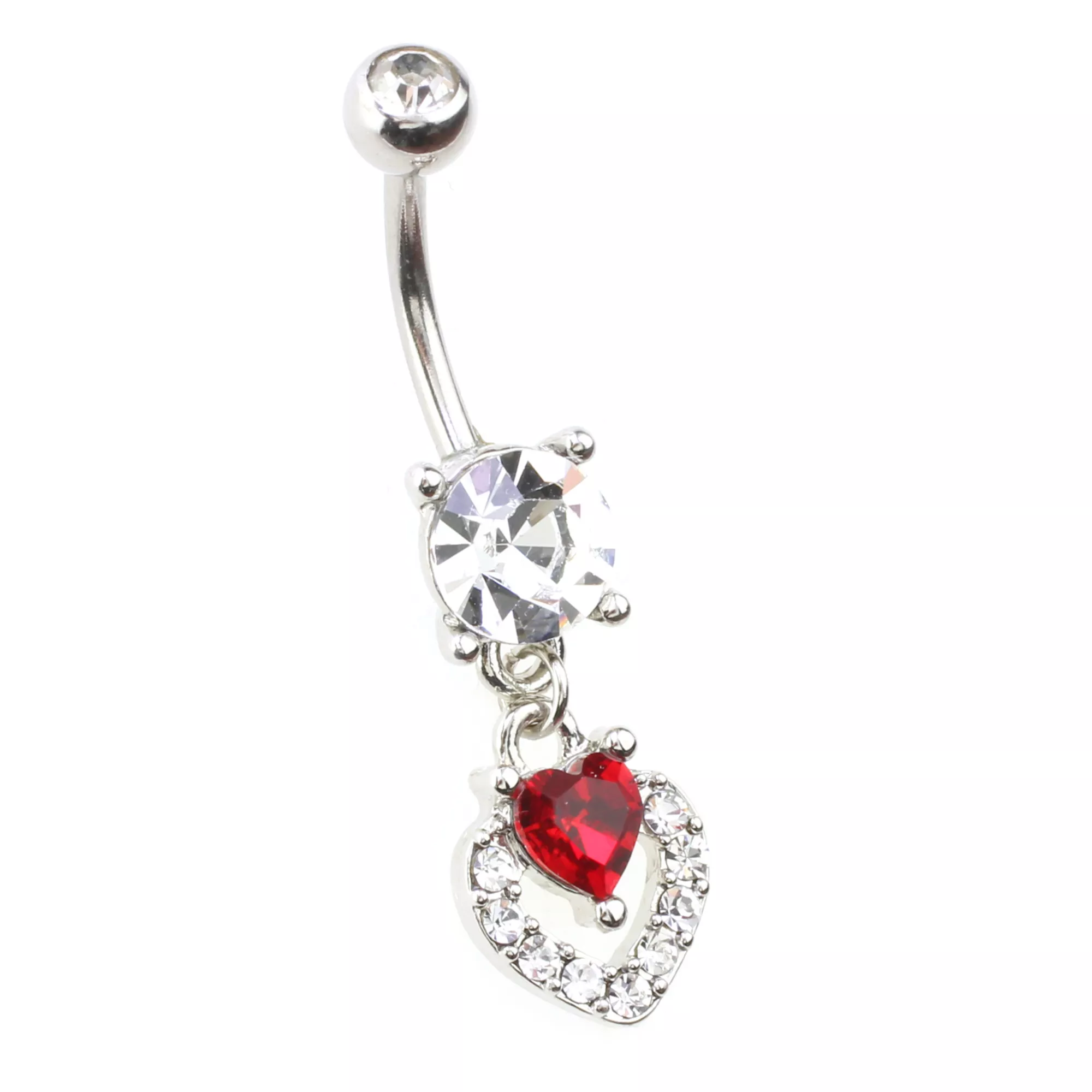 Clear and Red CZ Round Heart Silver-Tone Dangle Belly Ring - 14 Gauge