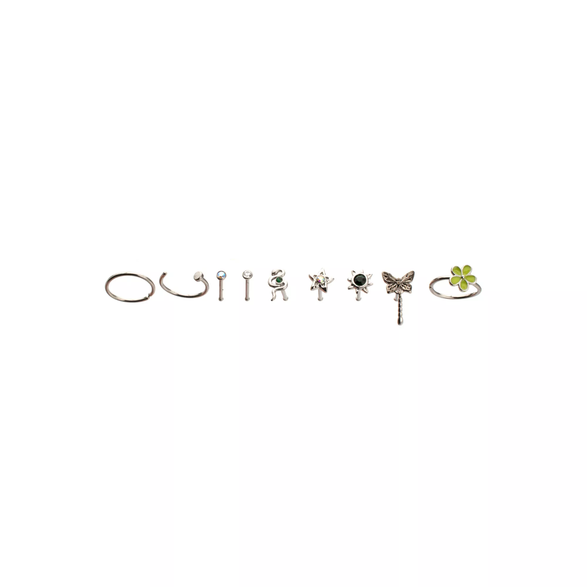 Multi-Pack Silver-Tone Titanium Cottagecore Pin and Hoop Nose Rings 9 Pack - 20 Gauge at Spencer's