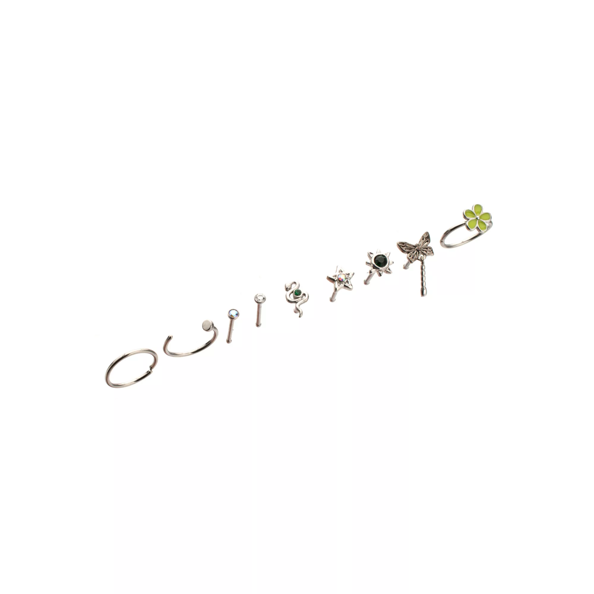 Multi-Pack Silver-Tone Titanium Cottagecore Pin and Hoop Nose Rings 9 Pack - 20 Gauge at Spencer's