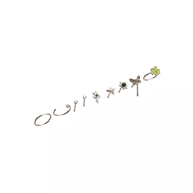 Multi-Pack Silver-Tone Titanium Cottagecore Pin and Hoop Nose Rings 9 Pack - 20 Gauge at Spencer's