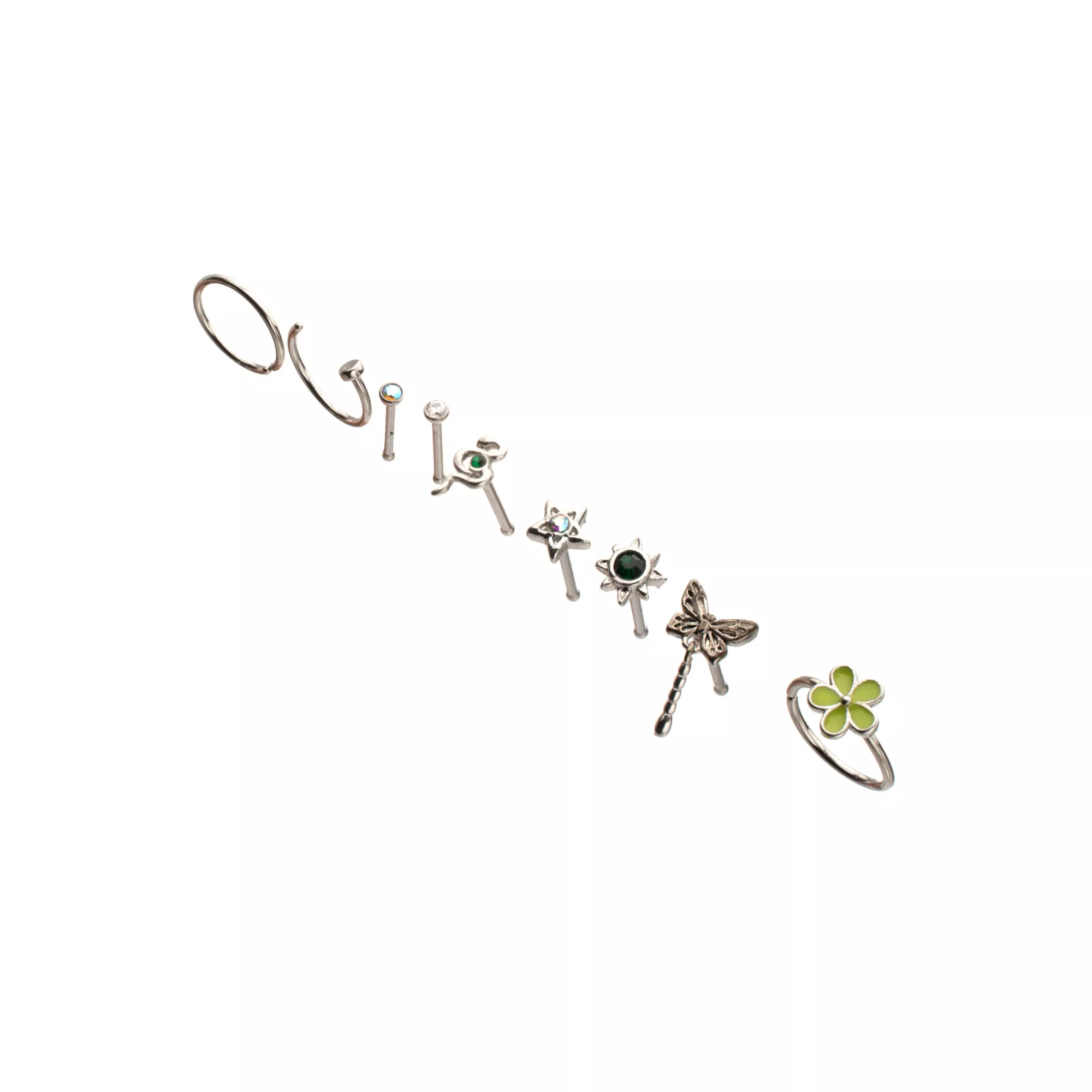Multi-Pack Silver-Tone Titanium Cottagecore Pin and Hoop Nose Rings 9 Pack - 20 Gauge at Spencer's