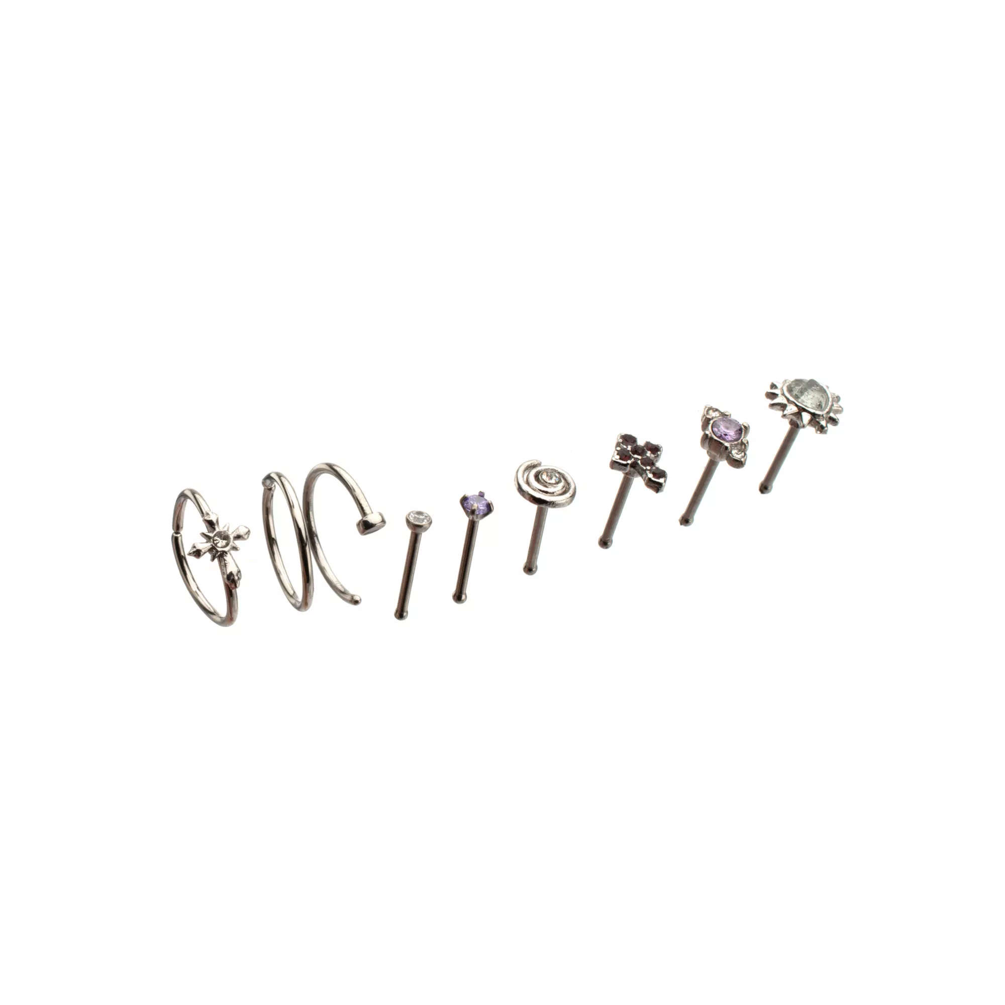 Multi-Pack CZ Cross and Heart Titanium Mixed Nose Rings 9 Pack - 20 Gauge at Spencer's