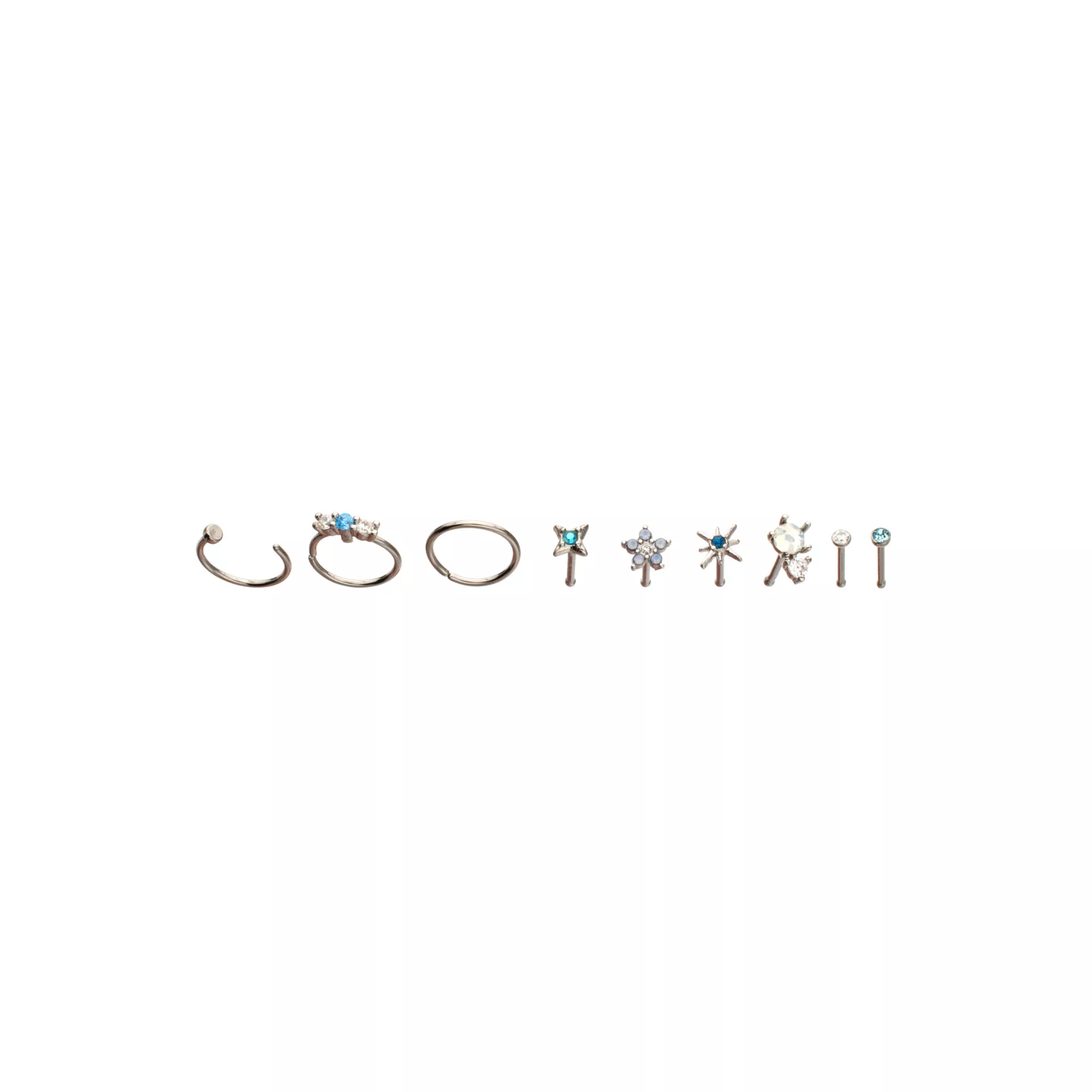 Multi-Pack Blue CZ Flower Titanium Mixed Nose Rings 9 Pack - 20 Gauge at Spencer's