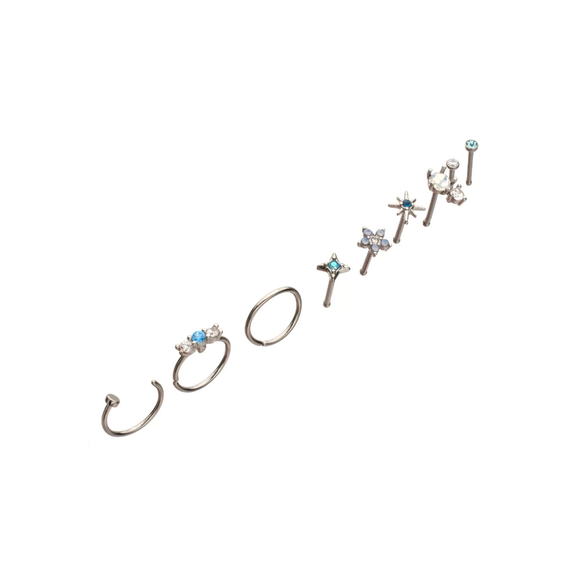 Multi-Pack Blue CZ Flower Titanium Mixed Nose Rings 9 Pack - 20 Gauge at Spencer's