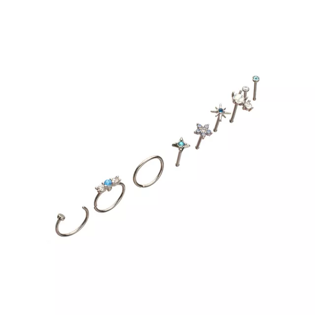 Multi-Pack Blue CZ Flower Titanium Mixed Nose Rings 9 Pack - 20 Gauge at Spencer's