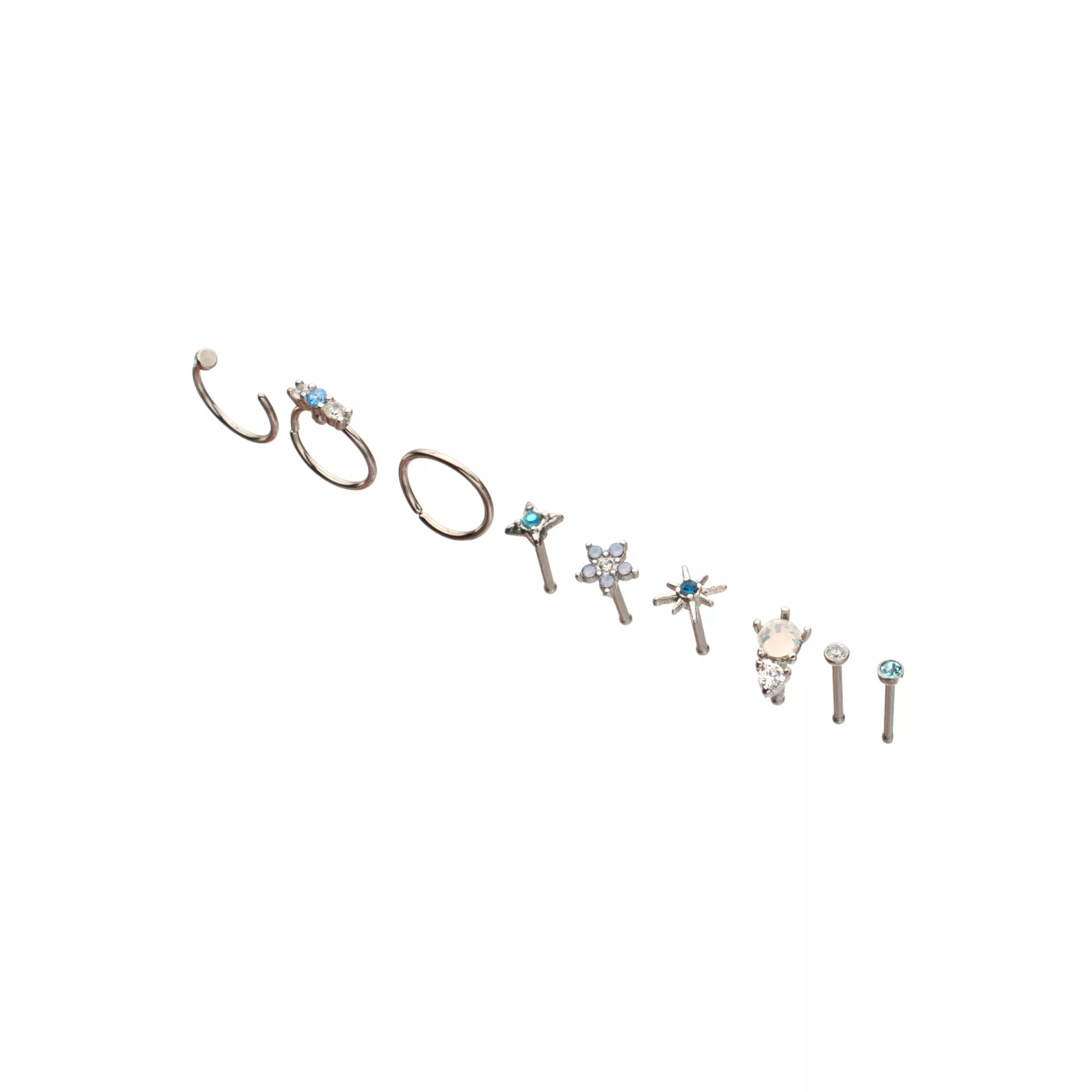 Multi-Pack Blue CZ Flower Titanium Mixed Nose Rings 9 Pack - 20 Gauge at Spencer's