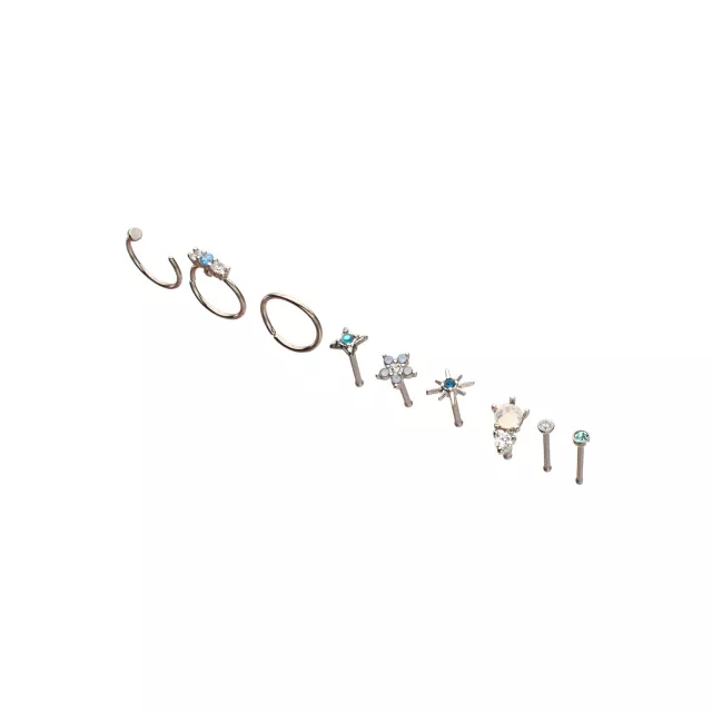 Multi-Pack Blue CZ Flower Titanium Mixed Nose Rings 9 Pack - 20 Gauge at Spencer's