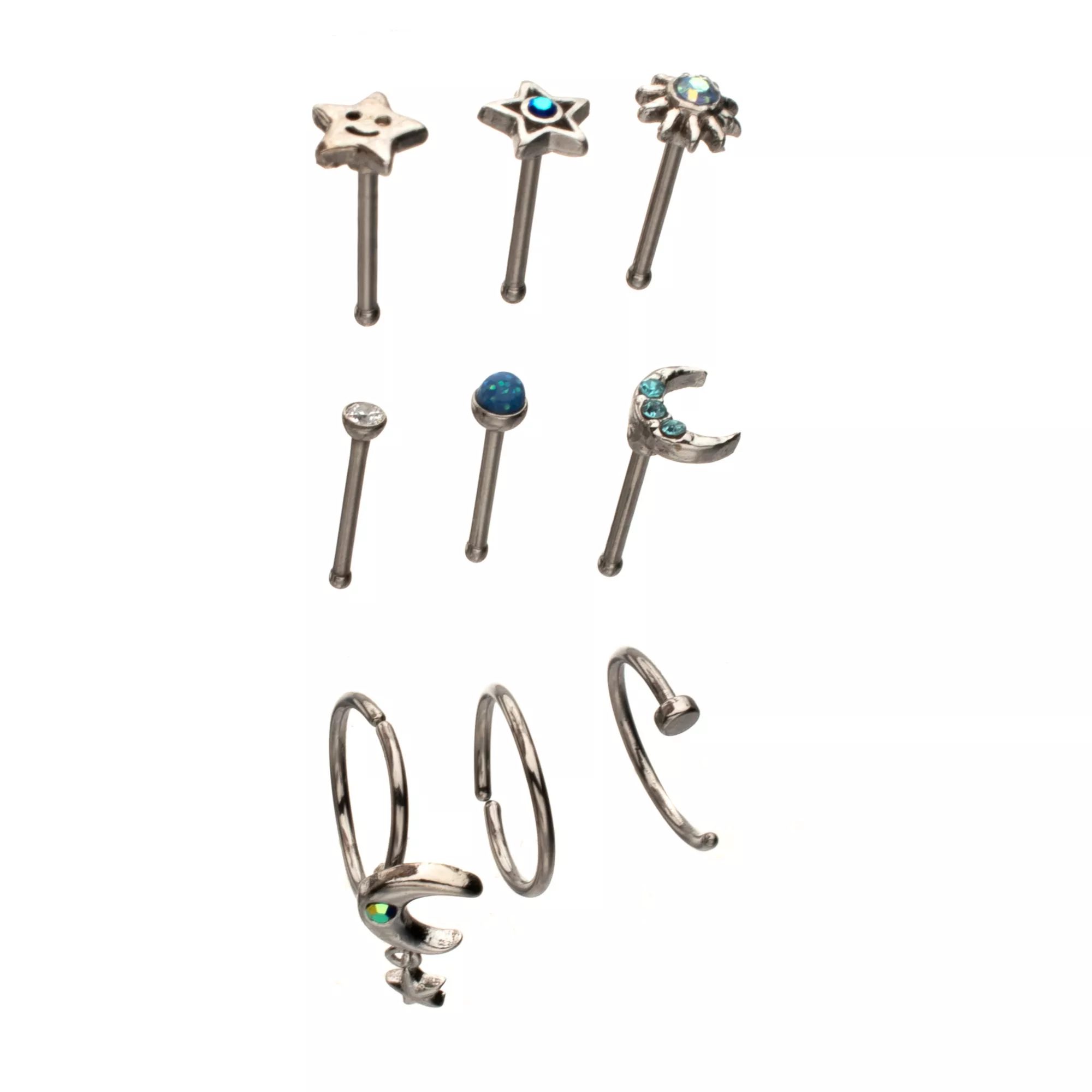 Multi-Pack CZ Celestial Icon Titanium Mixed Nose Rings 9 Pack - 20 Gauge at Spencer's