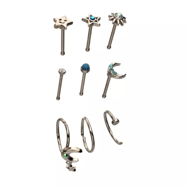 Multi-Pack CZ Celestial Icon Titanium Mixed Nose Rings 9 Pack - 20 Gauge at Spencer's