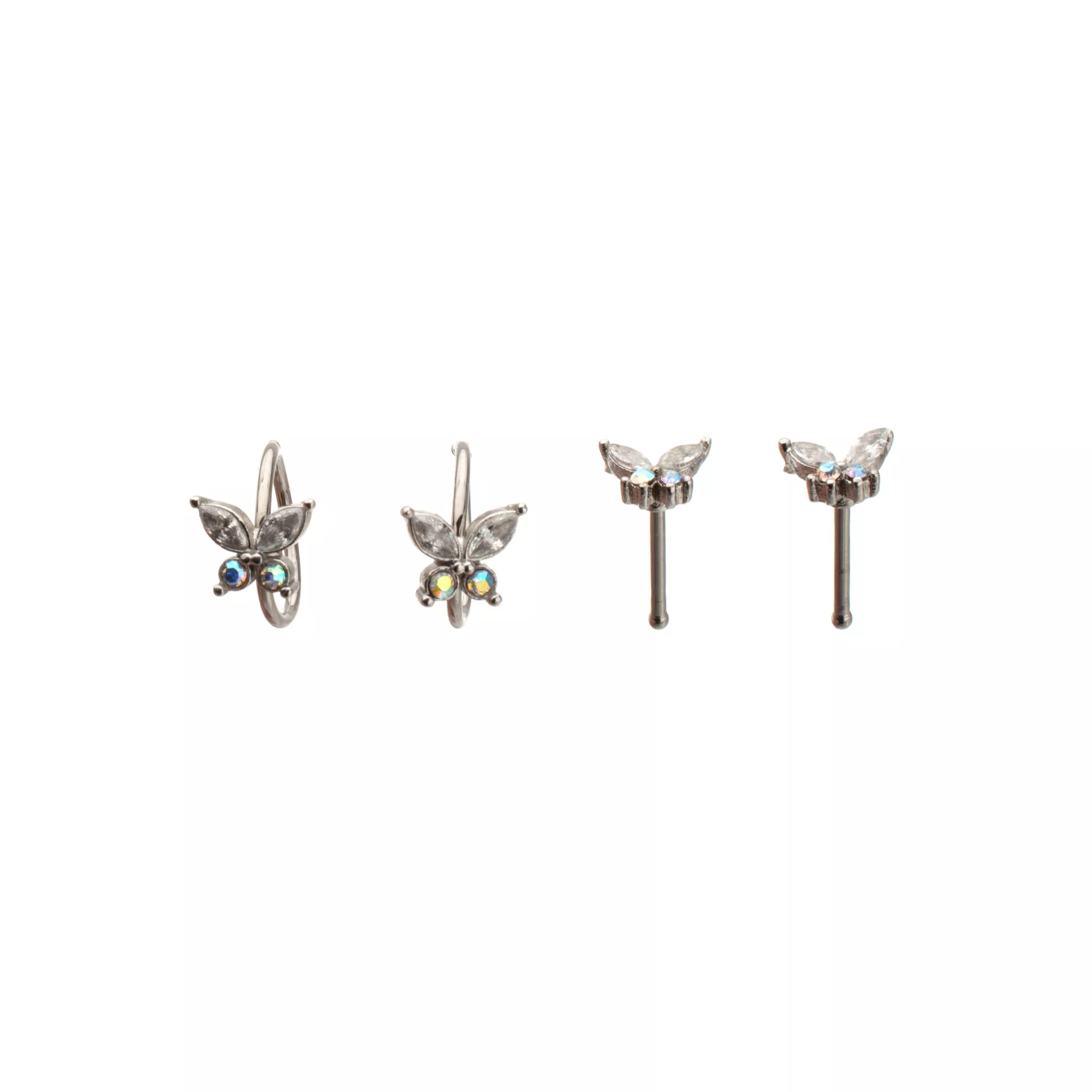 Multi-Pack CZ Butterfly Titanium Hoop Nose Rings and Bone Nose Rings 4 Pack - 20 Gauge at Spencer's