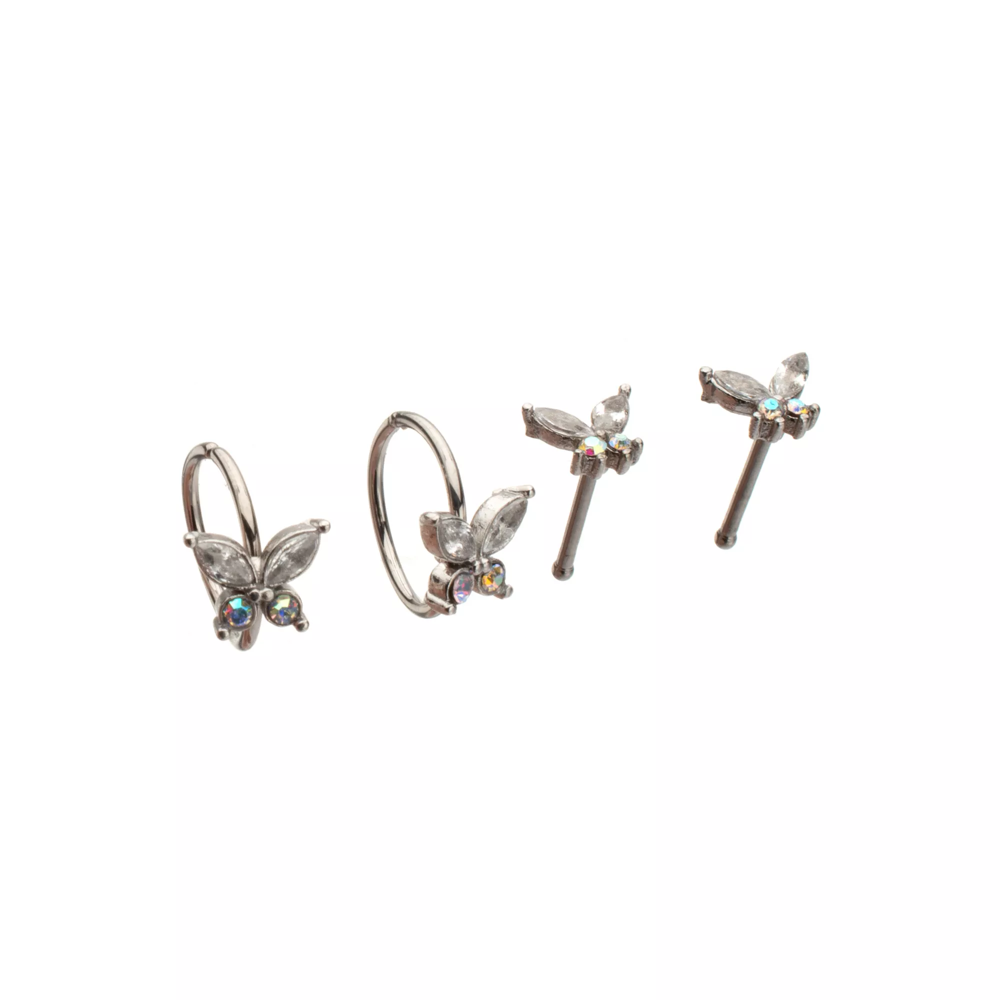 Multi-Pack CZ Butterfly Titanium Hoop Nose Rings and Bone Nose Rings 4 Pack - 20 Gauge at Spencer's