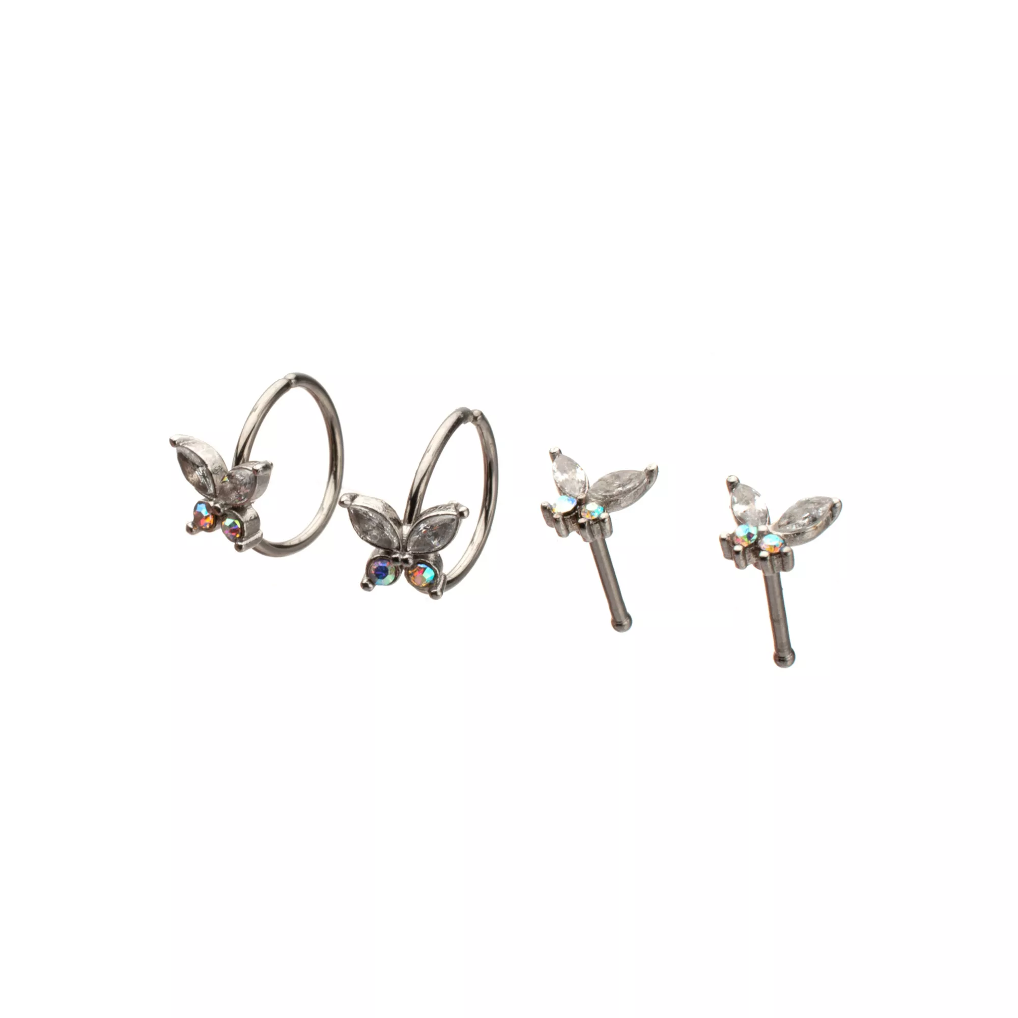 Multi-Pack CZ Butterfly Titanium Hoop Nose Rings and Bone Nose Rings 4 Pack - 20 Gauge at Spencer's