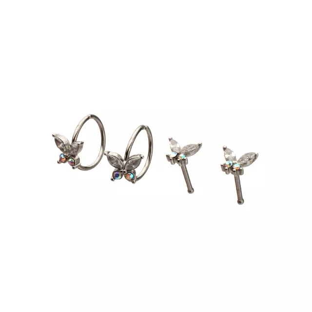 Multi-Pack CZ Butterfly Titanium Hoop Nose Rings and Bone Nose Rings 4 Pack - 20 Gauge at Spencer's