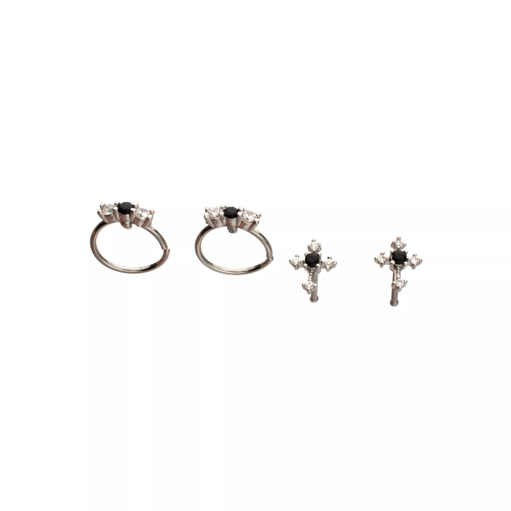 Multi-Pack Black CZ Cross Hoop Nose Rings and Bone Nose Rings 4 Pack - 20 Gauge