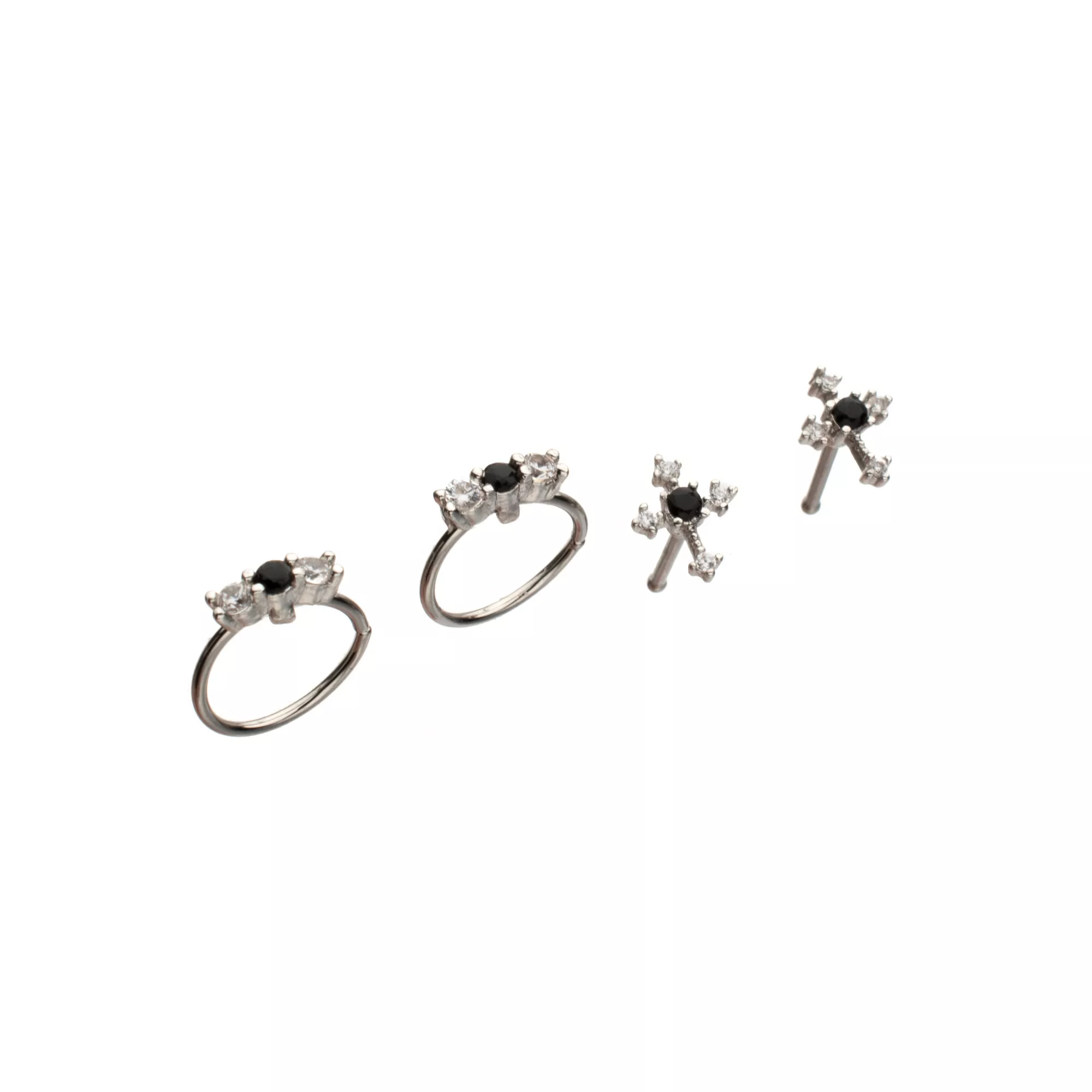 Multi-Pack Black CZ Cross Hoop Nose Rings and Bone Nose Rings 4 Pack - 20 Gauge
