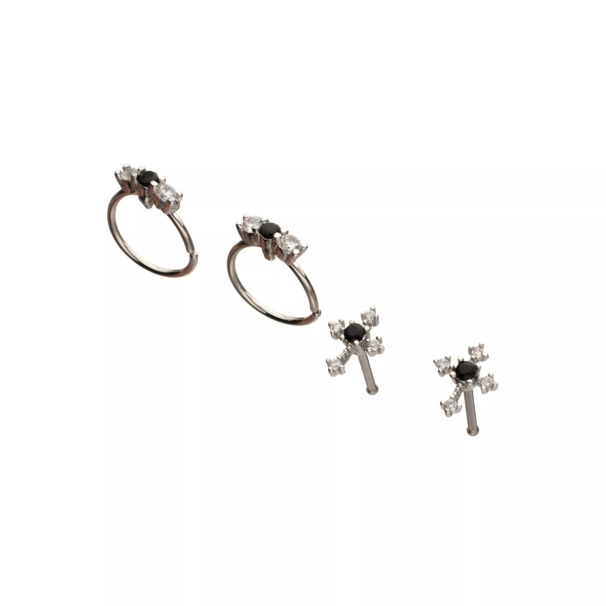 Multi-Pack Black CZ Cross Hoop Nose Rings and Bone Nose Rings 4 Pack - 20 Gauge