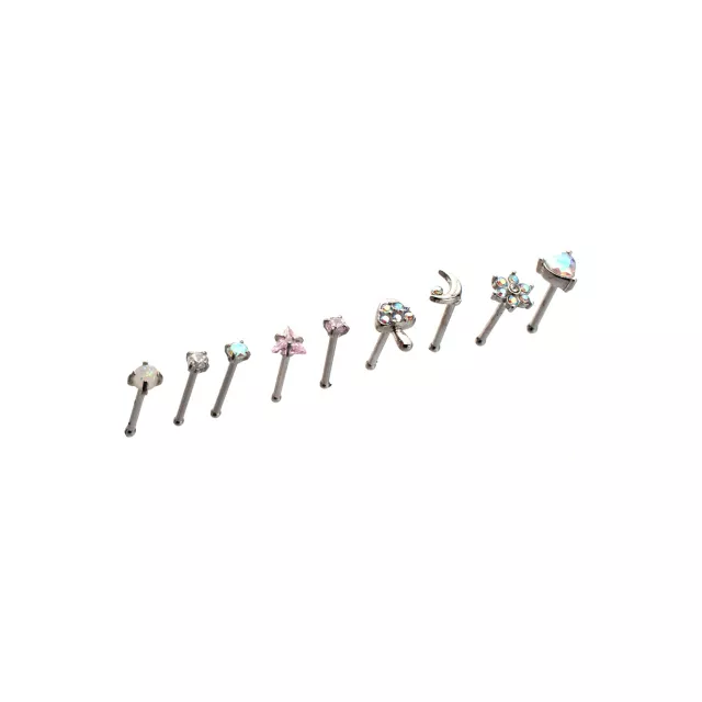 Multi-Pack CZ Groovy Icon Titanium Bone Nose Rings 9 Pack - 20 Gauge at Spencer's