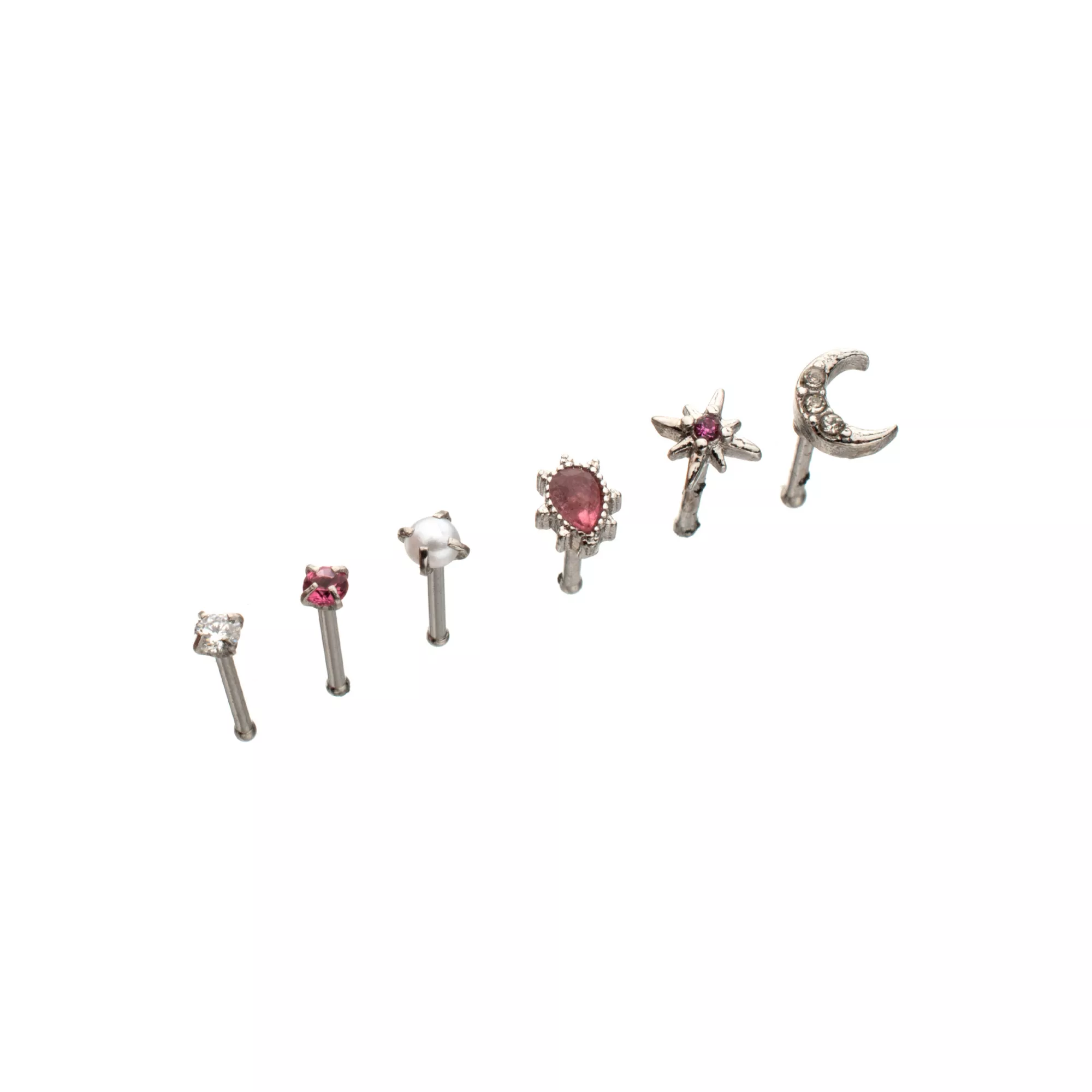 Multi-Pack CZ Moon and Star Titanium Bone Nose Rings 6 Pack - 20 Gauge at Spencer's