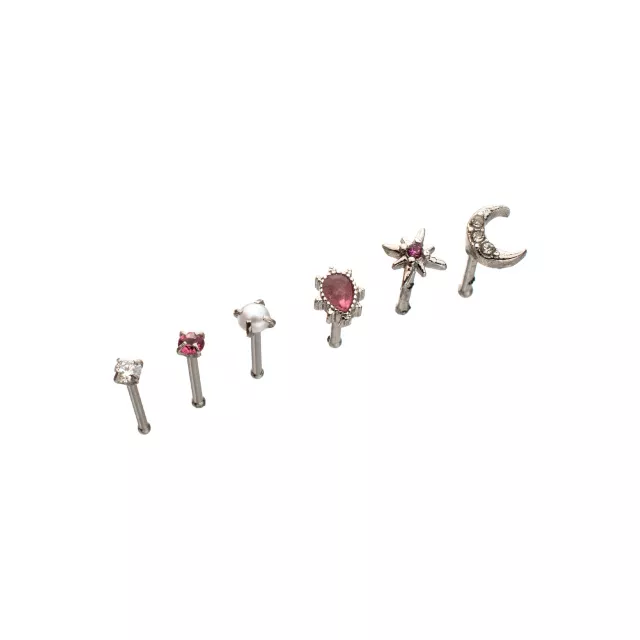Multi-Pack CZ Moon and Star Titanium Bone Nose Rings 6 Pack - 20 Gauge at Spencer's