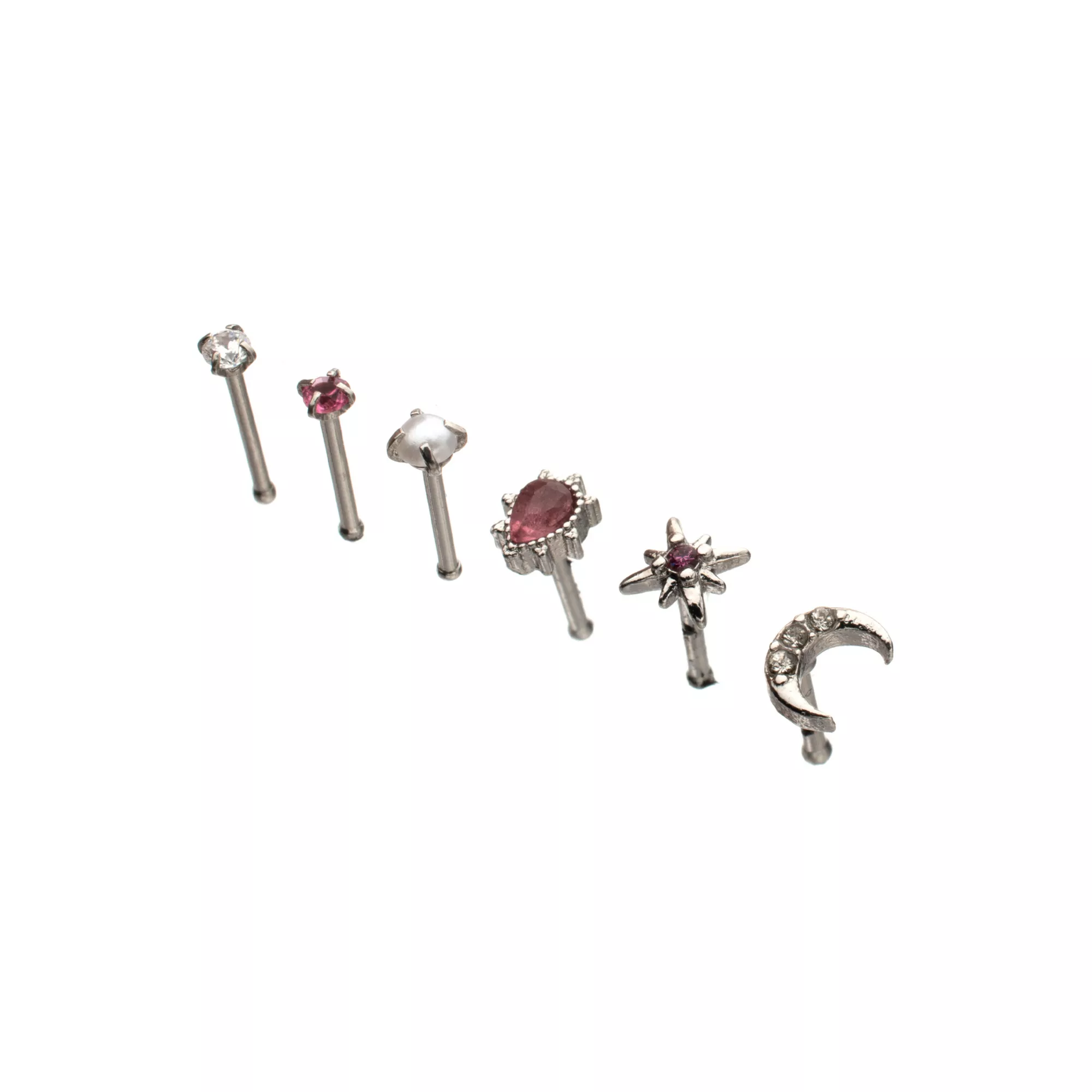 Multi-Pack CZ Moon and Star Titanium Bone Nose Rings 6 Pack - 20 Gauge at Spencer's