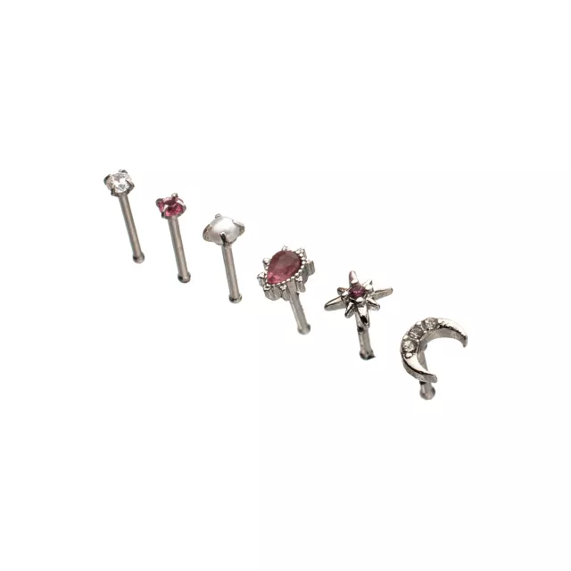 Multi-Pack CZ Moon and Star Titanium Bone Nose Rings 6 Pack - 20 Gauge at Spencer's