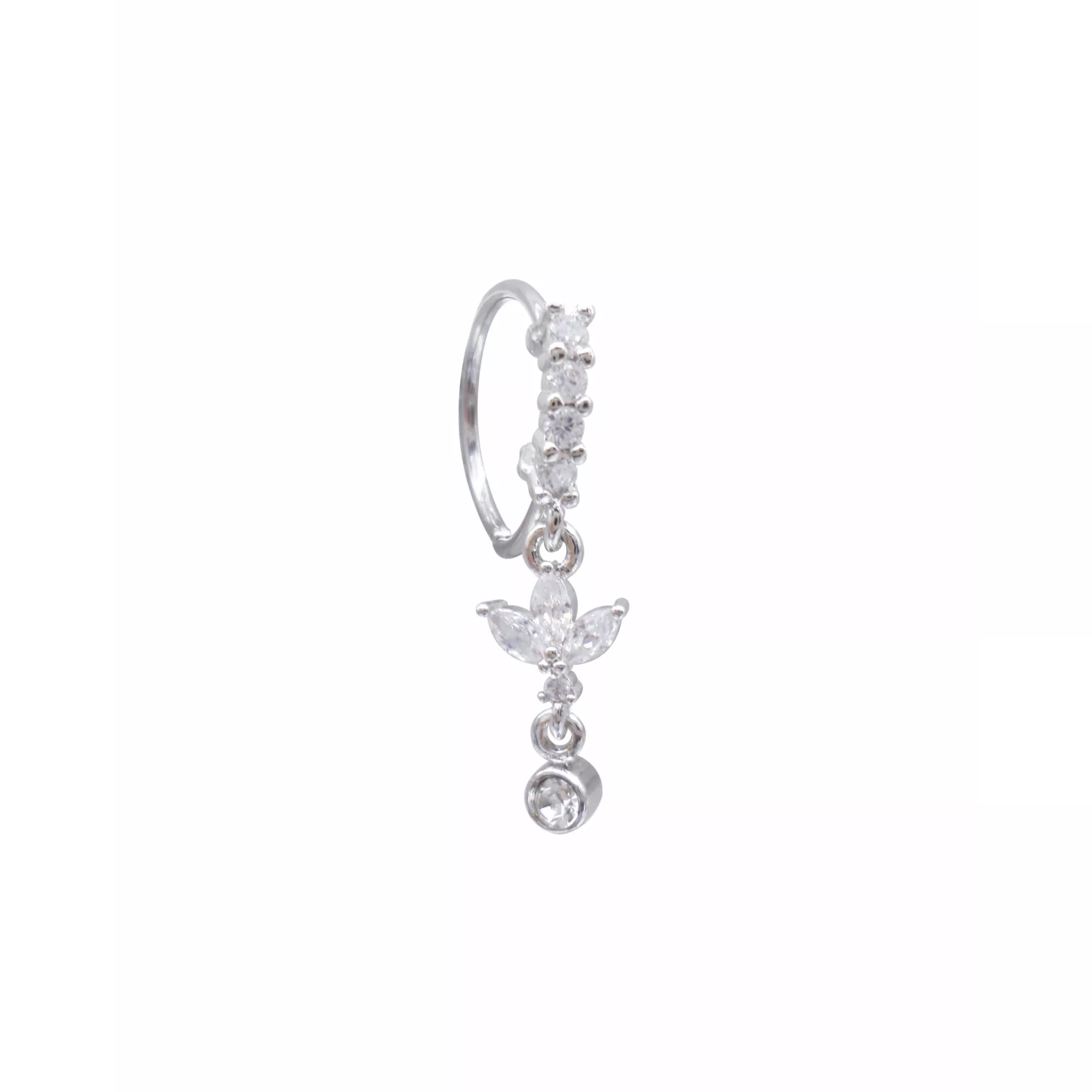 Clear CZ Petal Silver-Tone Dangle Nose Hoop - 18 Gauge