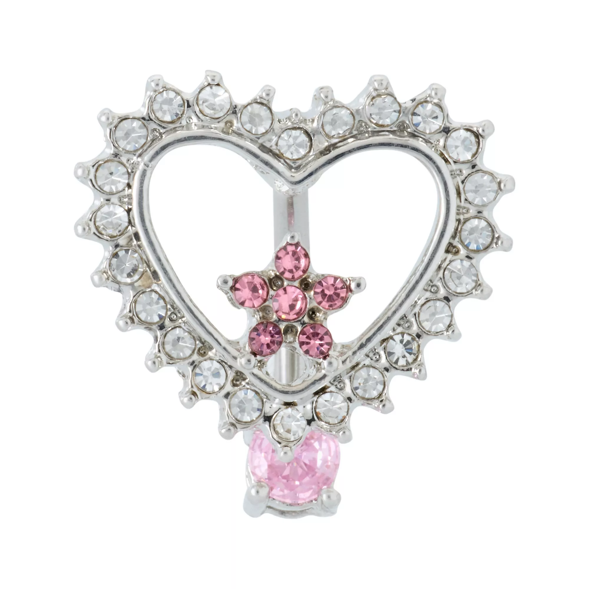 Pink and Clear CZ Heart Flower Silver-Tone Dangle Belly Ring - 14 Gauge