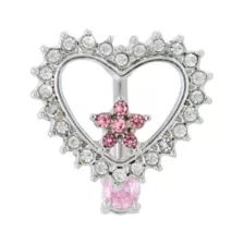 Pink and Clear CZ Heart Flower Silver-Tone Dangle Belly Ring - 14 Gauge at Spencer's