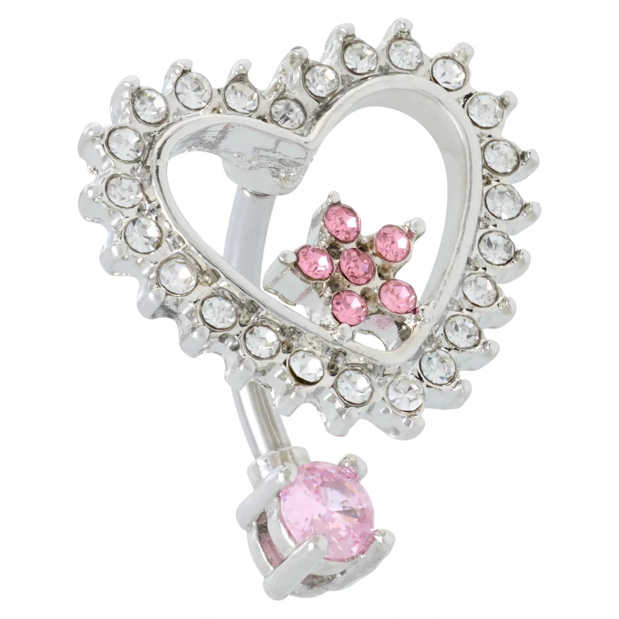 Pink and Clear CZ Heart Flower Silver-Tone Dangle Belly Ring - 14 Gauge