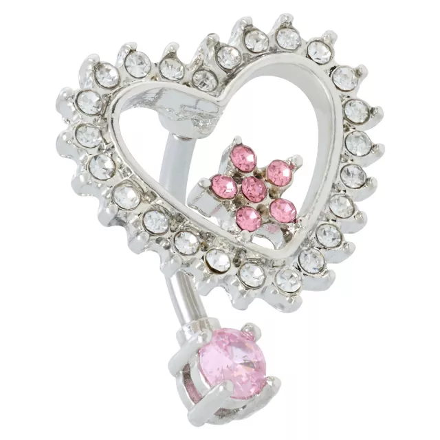 Pink and Clear CZ Heart Flower Silver-Tone Dangle Belly Ring - 14 Gauge at Spencer's