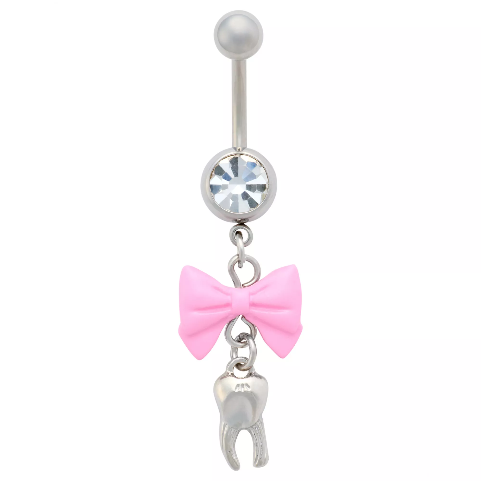 CZ Pink Bow Tooth Dangle Belly Ring -14 Gauge