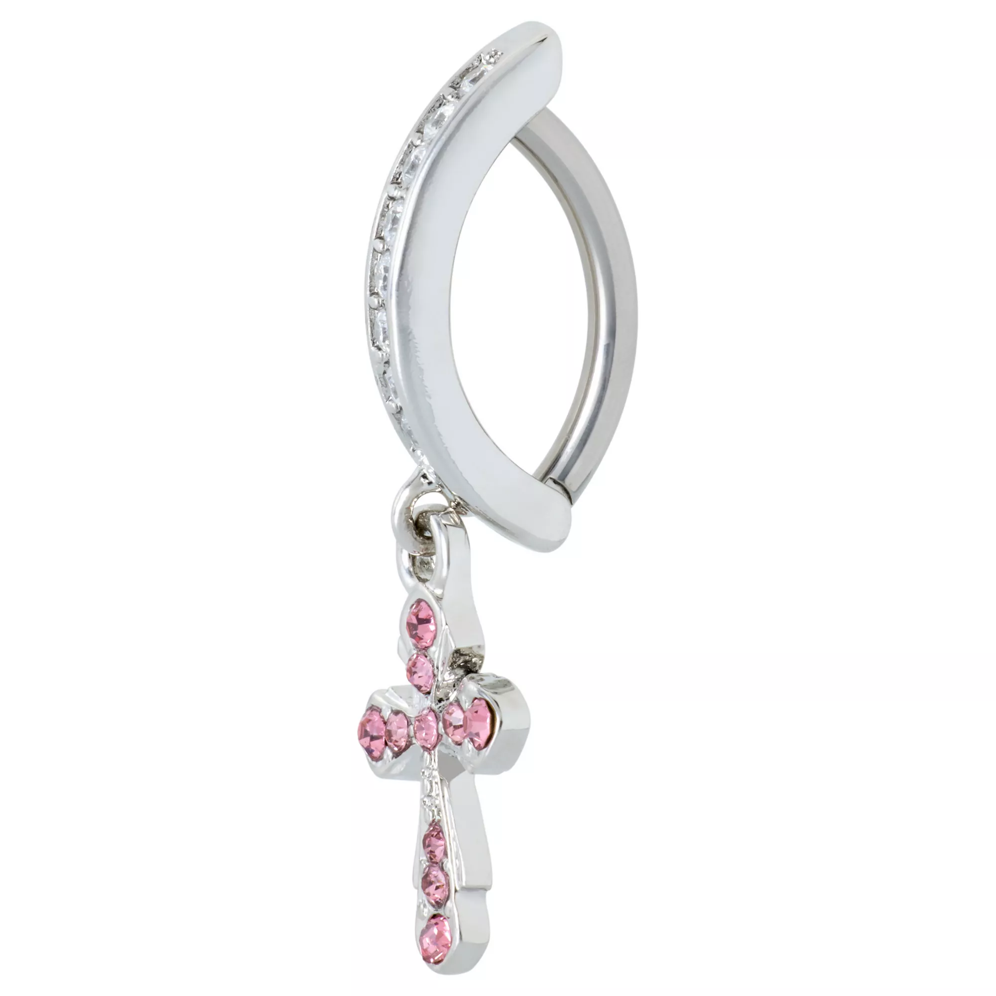 Pink CZ Cross Titanium Hinged Hoop Dangle Belly Ring - 14 Gauge at Spencer's