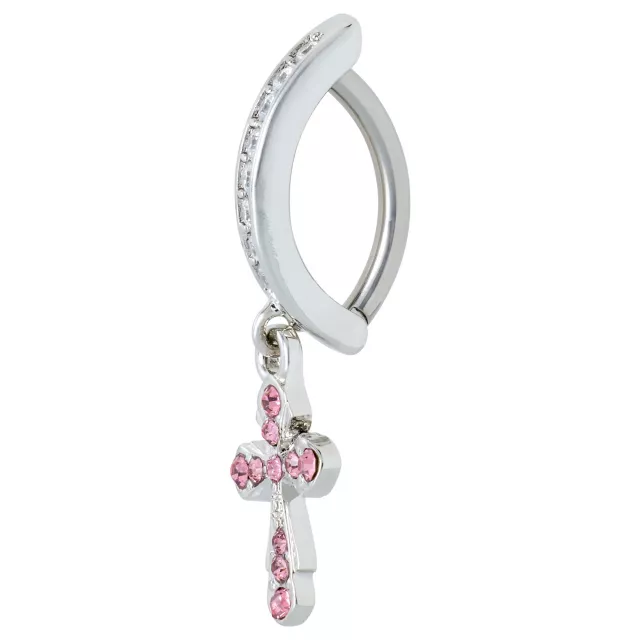 Pink CZ Cross Titanium Hinged Hoop Dangle Belly Ring - 14 Gauge at Spencer's