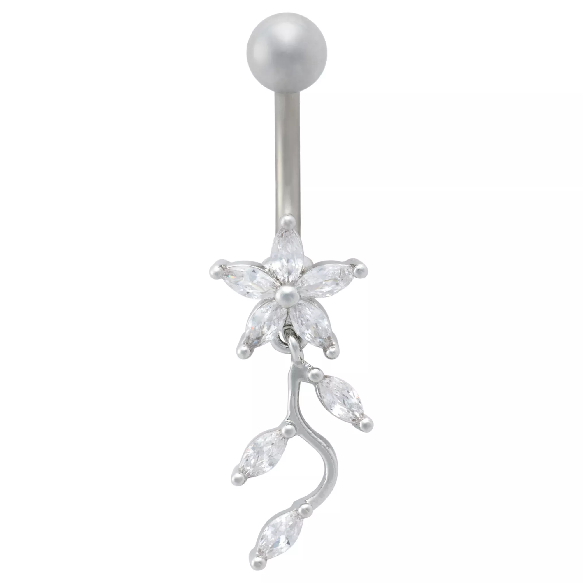 CZ Flower Vine Dangle Belly Ring -14 Gauge