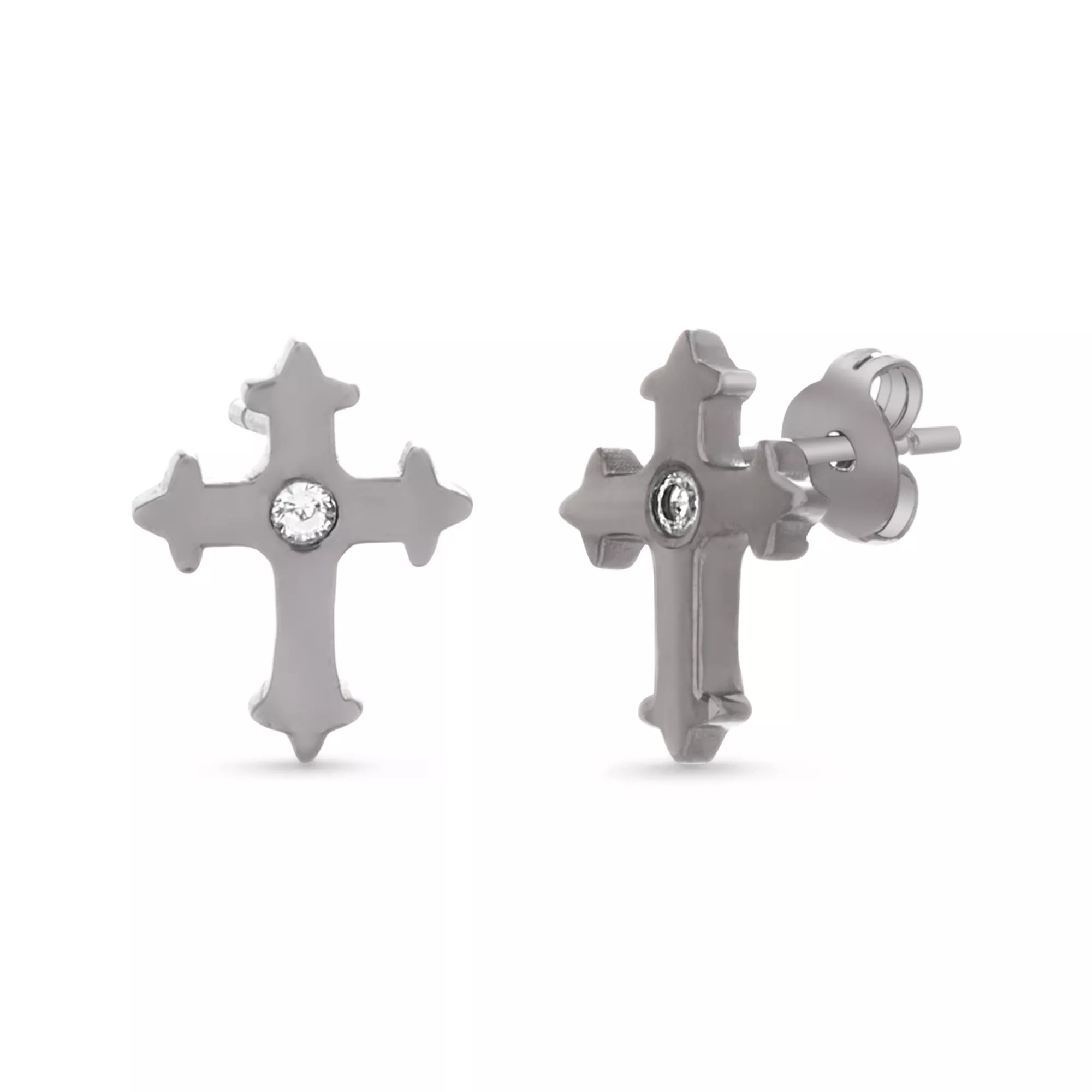 CZ Gothic Cross Silver-Tone Stud Earrings - 20 Gauge