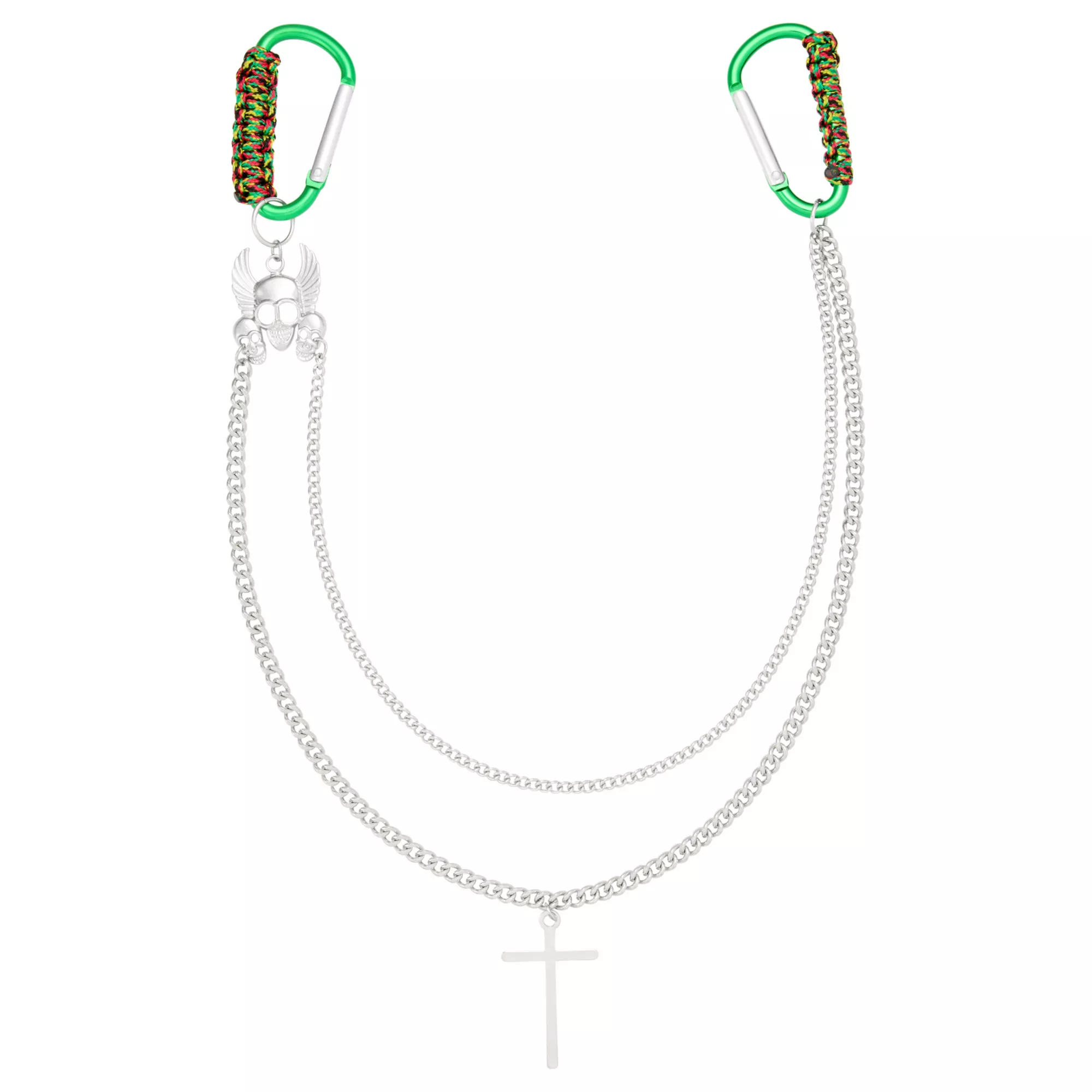 2 Row Green and Silver-Tone Skull Carabiner Cross Wallet Chain