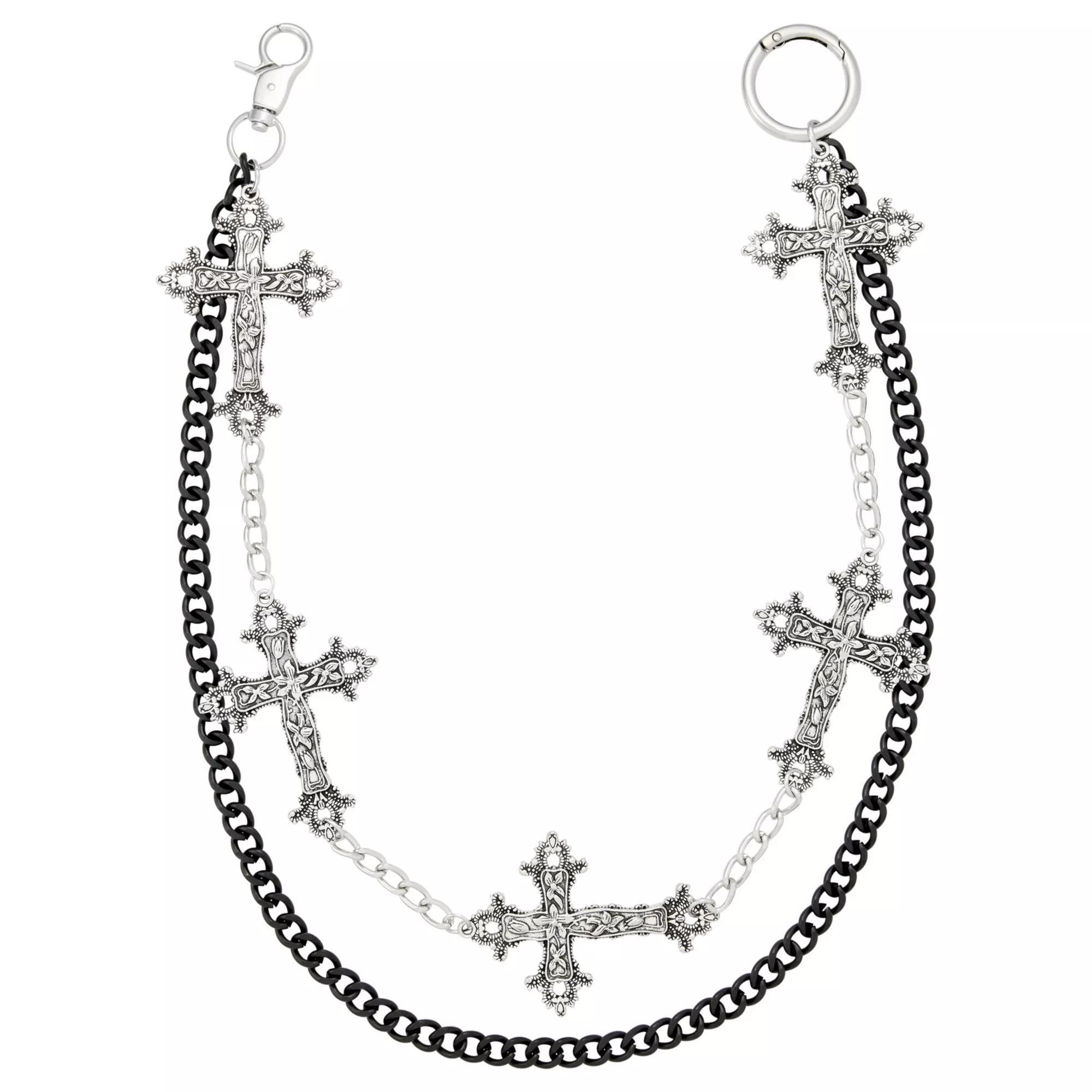 2 Row Black and Silver-Tone Cross Wallet Chain