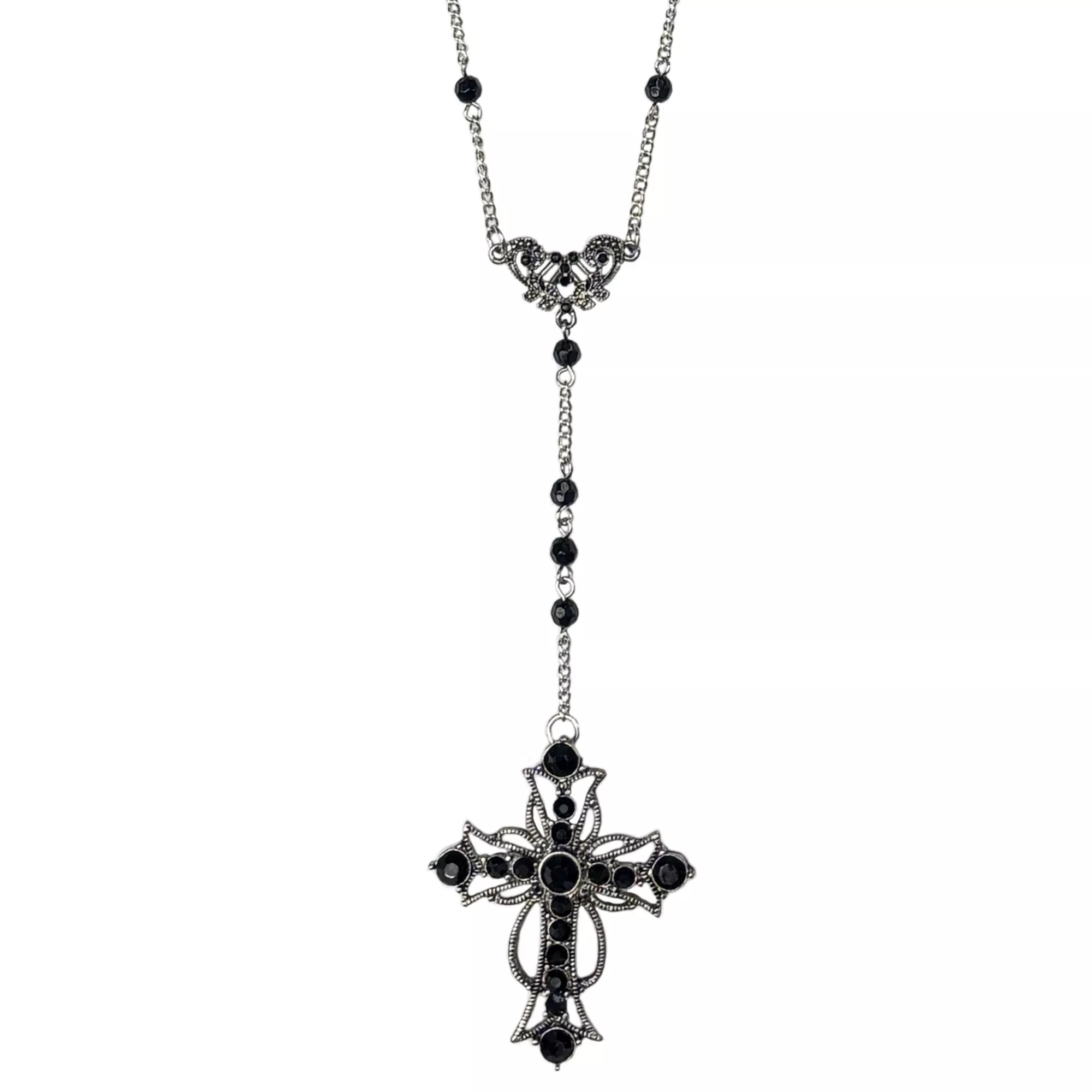 Black Gothic Cross Beaded Chain Rosary Necklace