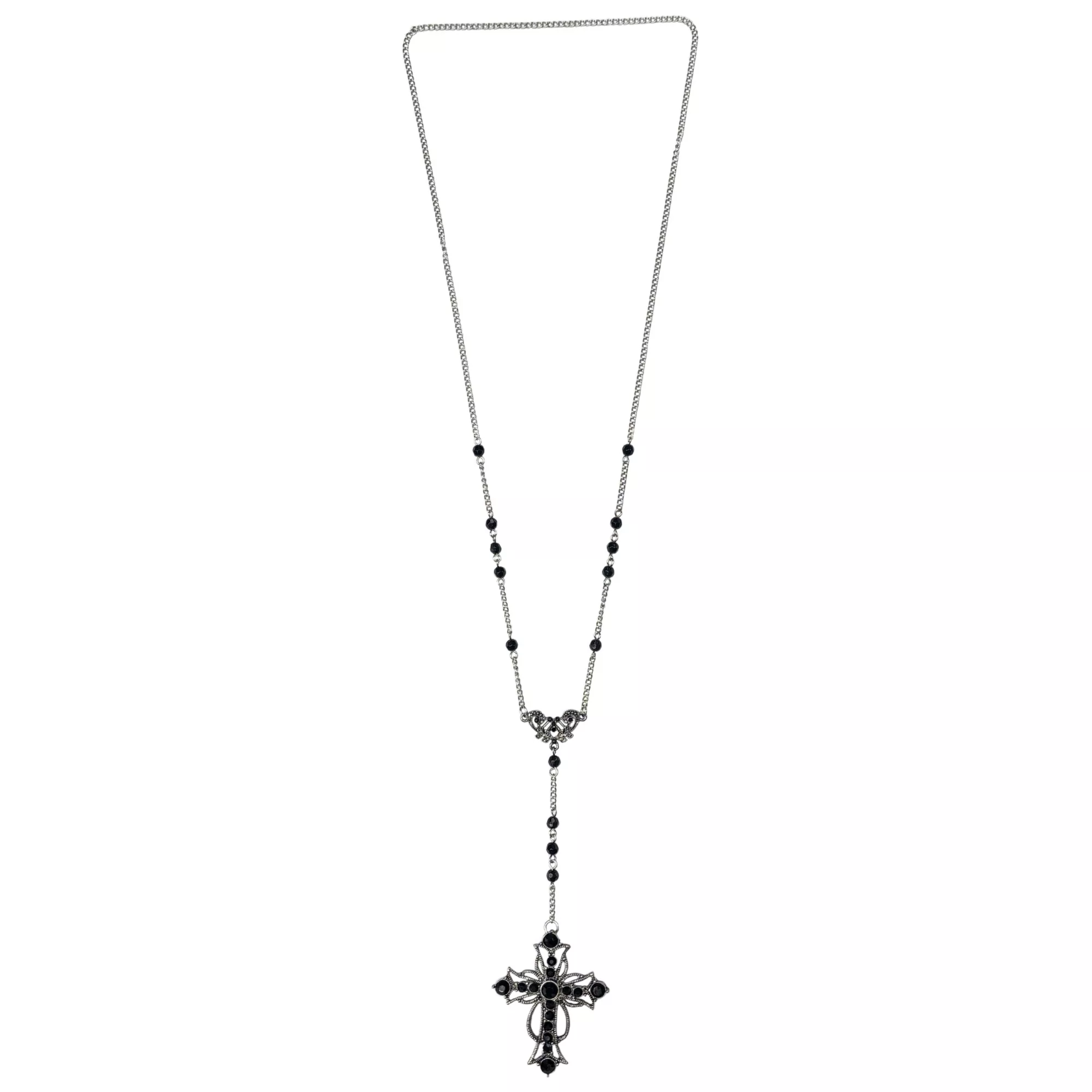 Black Gothic Cross Beaded Chain Rosary Necklace