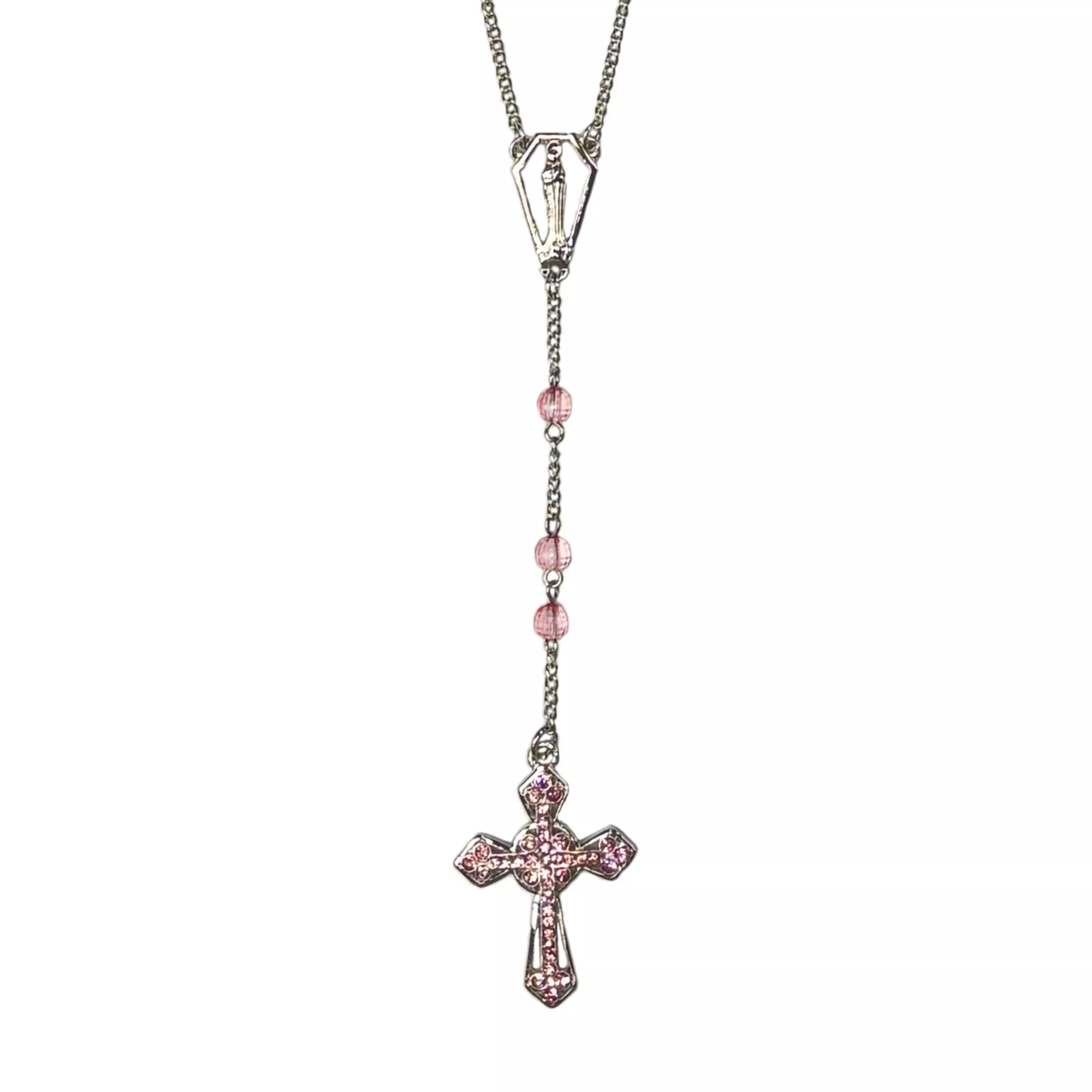 Pink Acrylic Bead Silver-Tone Rosary Necklace