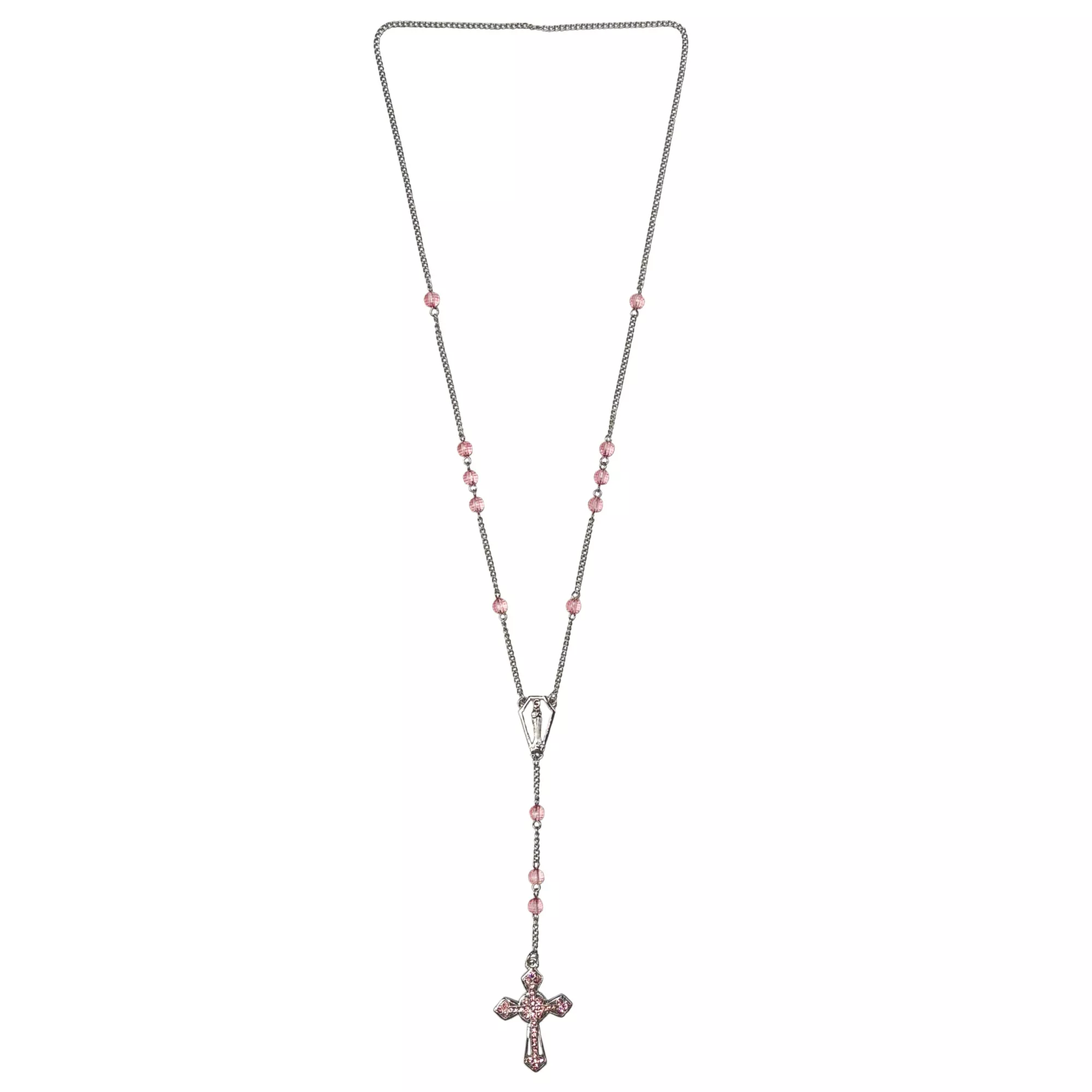 Pink Acrylic Bead Silver-Tone Rosary Necklace