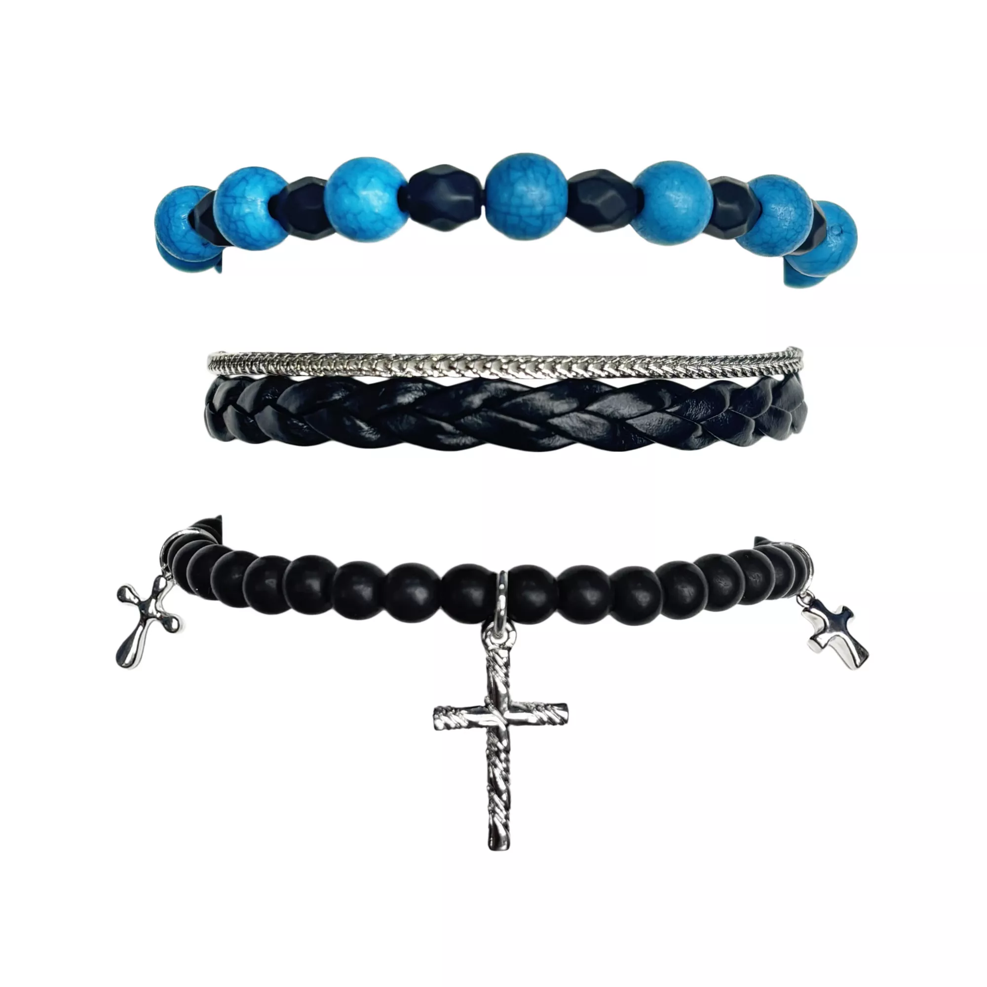Multi-Pack Black and Blue Beaded Cross Cord Bracelets - 3 Pack