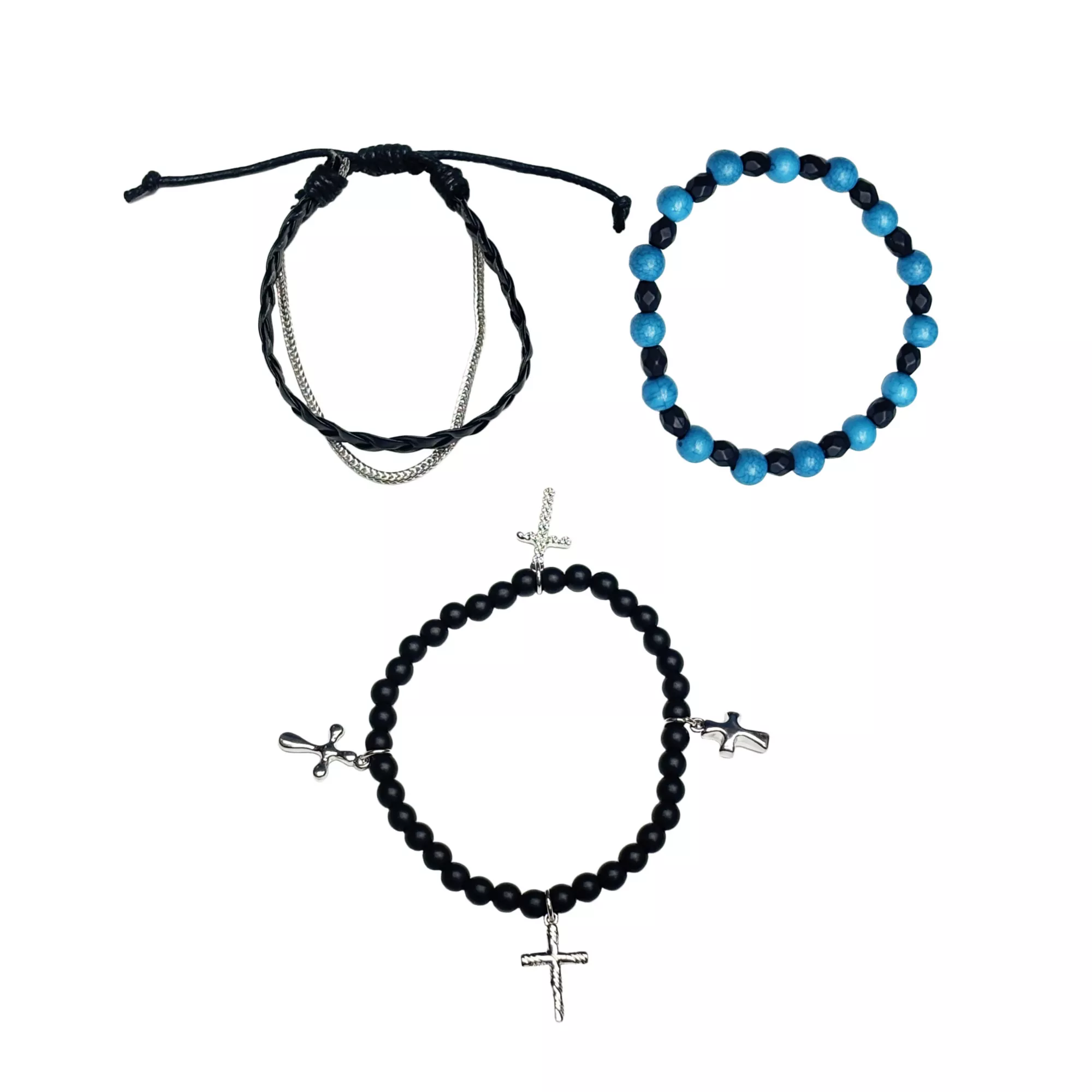 Multi-Pack Black and Blue Beaded Cross Cord Bracelets - 3 Pack