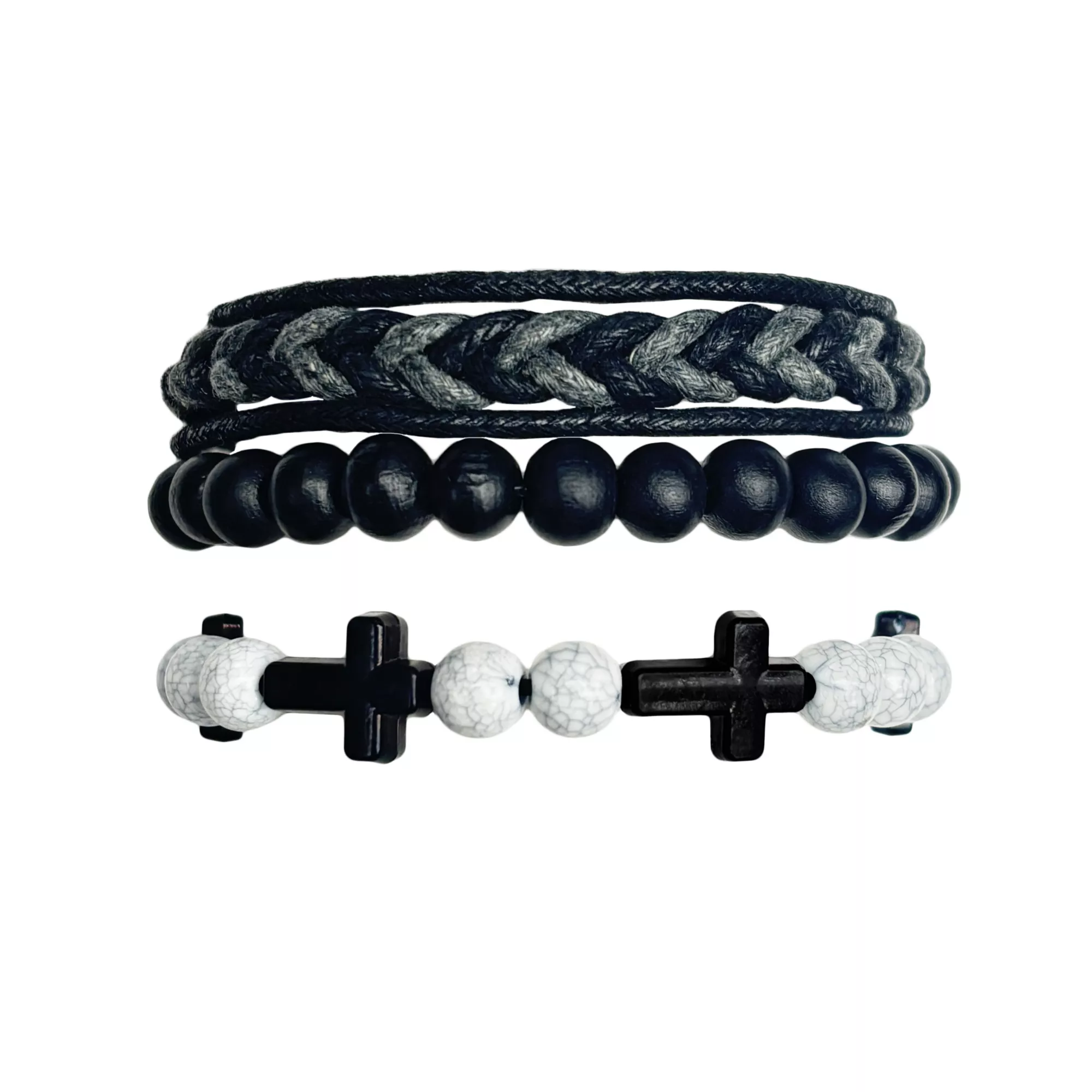 Black and White Beaded Cross Cord Bracelets - 2 Pack