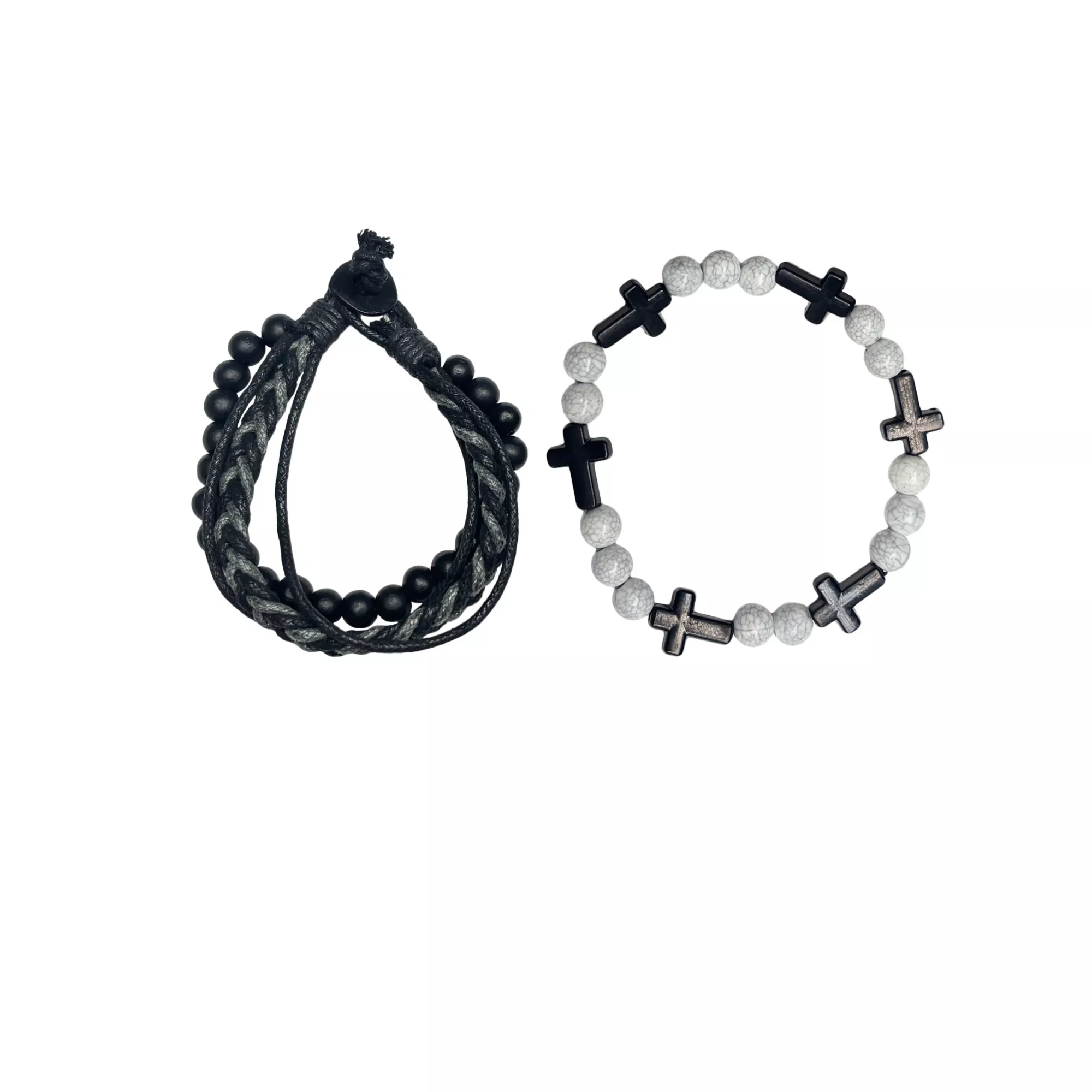 Black and White Beaded Cross Cord Bracelets - 2 Pack