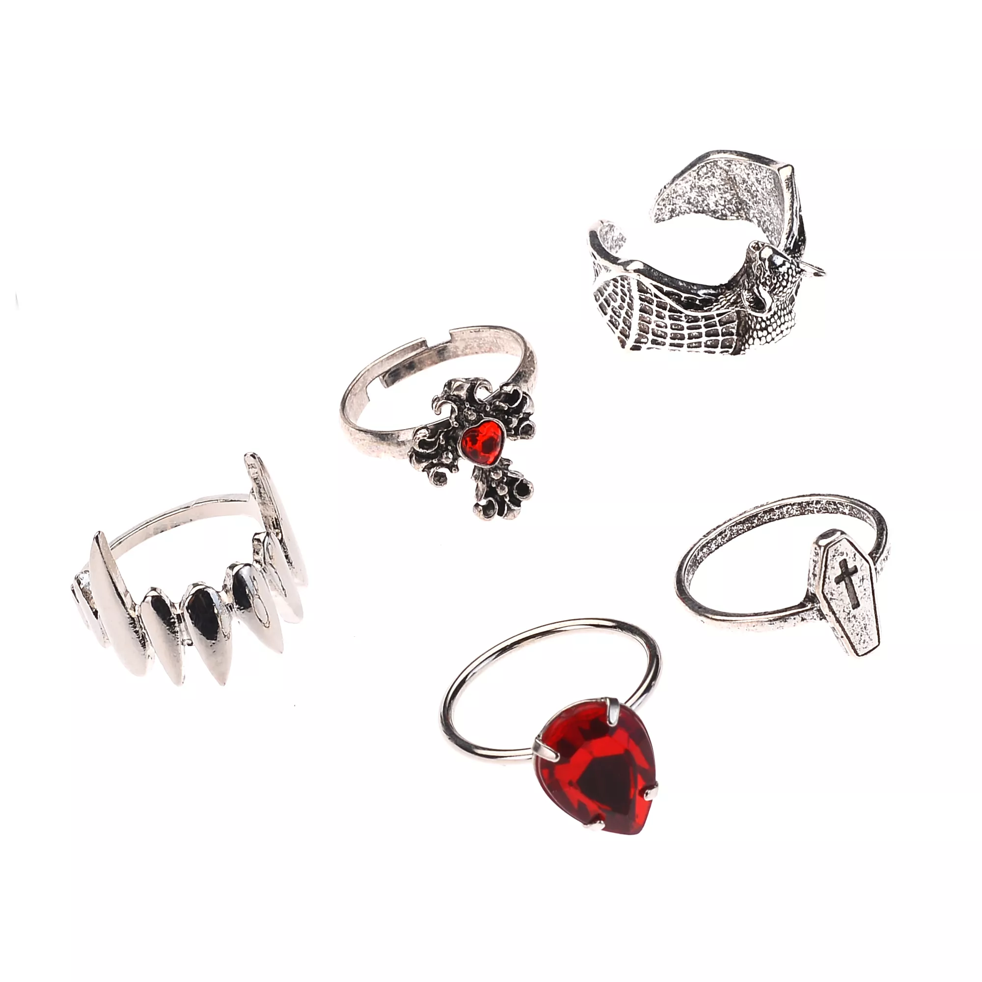 Multi-Pack Gothic Cross Bat Fangs Assorted Rings - 5 Pack at Spencer's