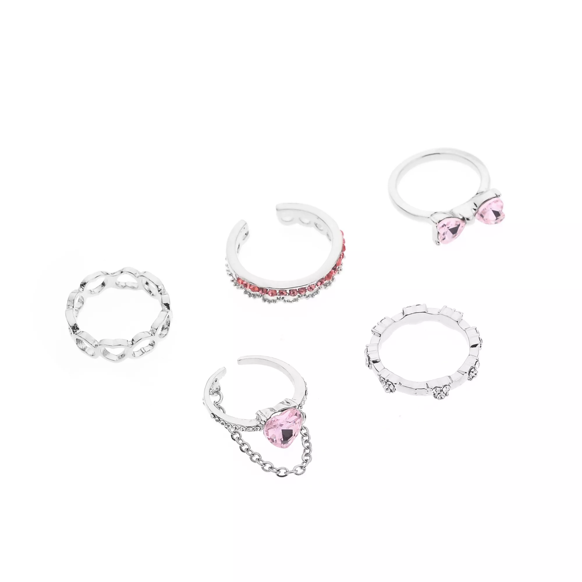 Multi-Pack Pink Heart Bow Silver-Tone Assorted Rings - 5 Pack at Spencer's