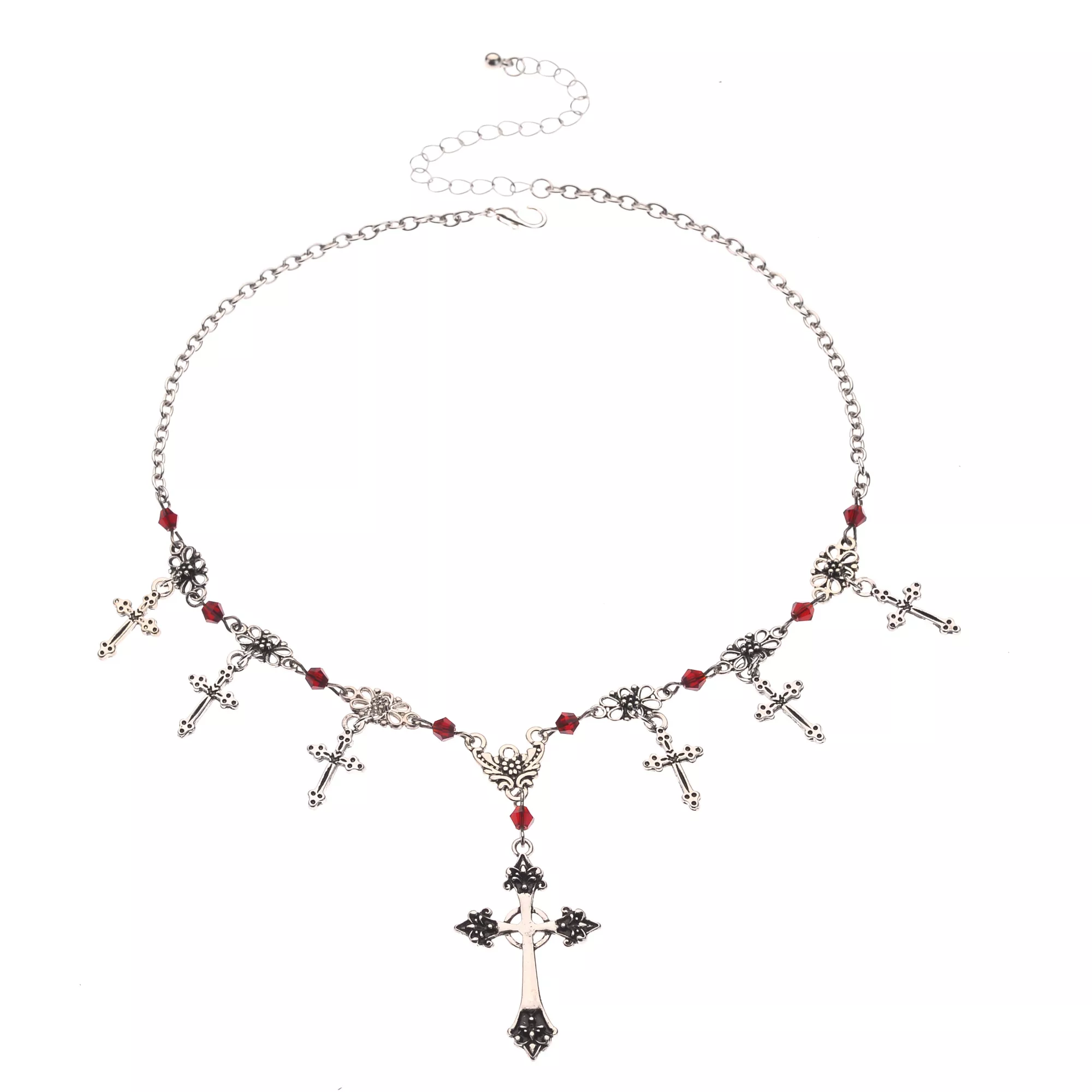 Red Beaded Gothic Cross Silver-Tone Charm Necklace