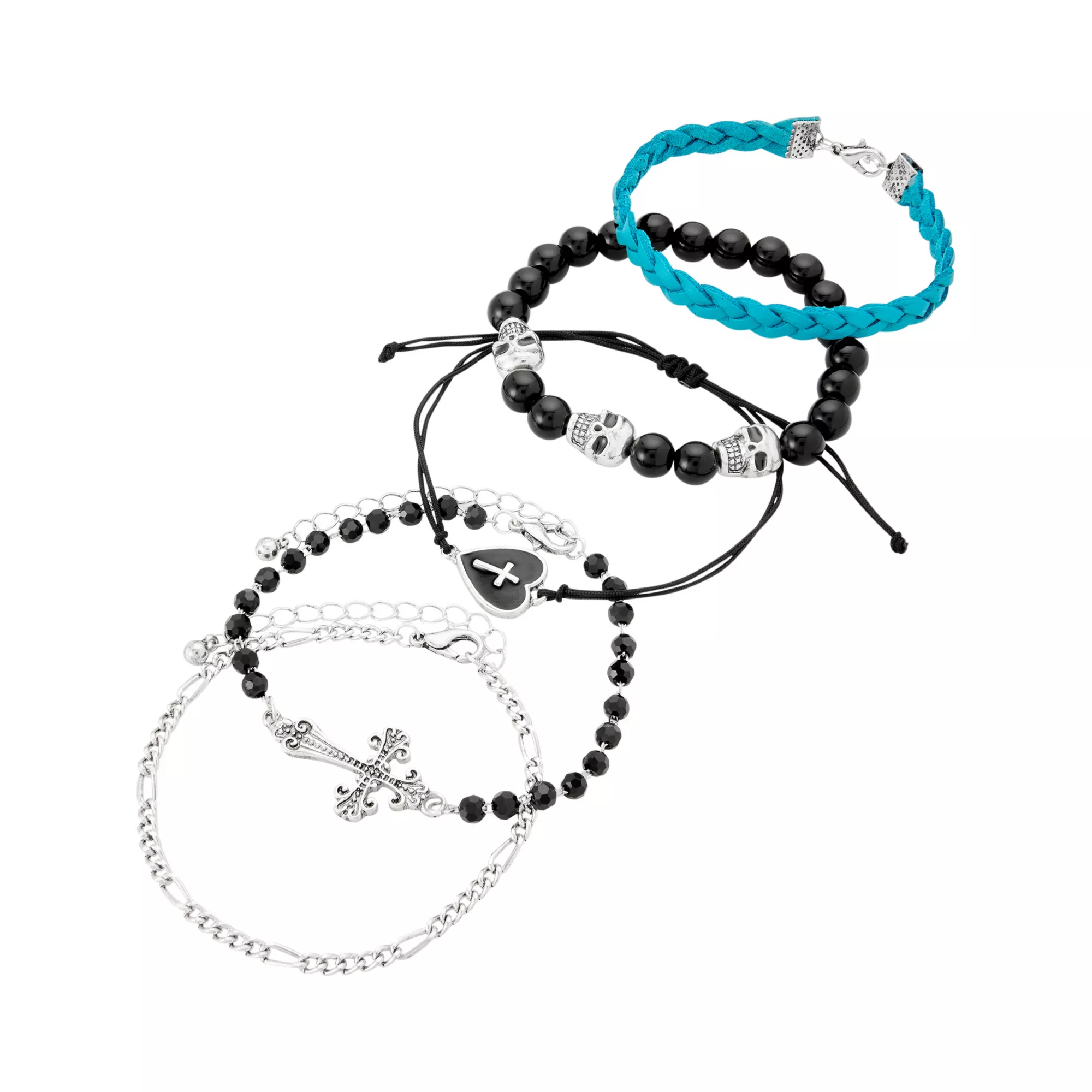 Multi-Pack Black and Blue Cross Skull Silver-Tone Beaded Bracelets - 5 Pack